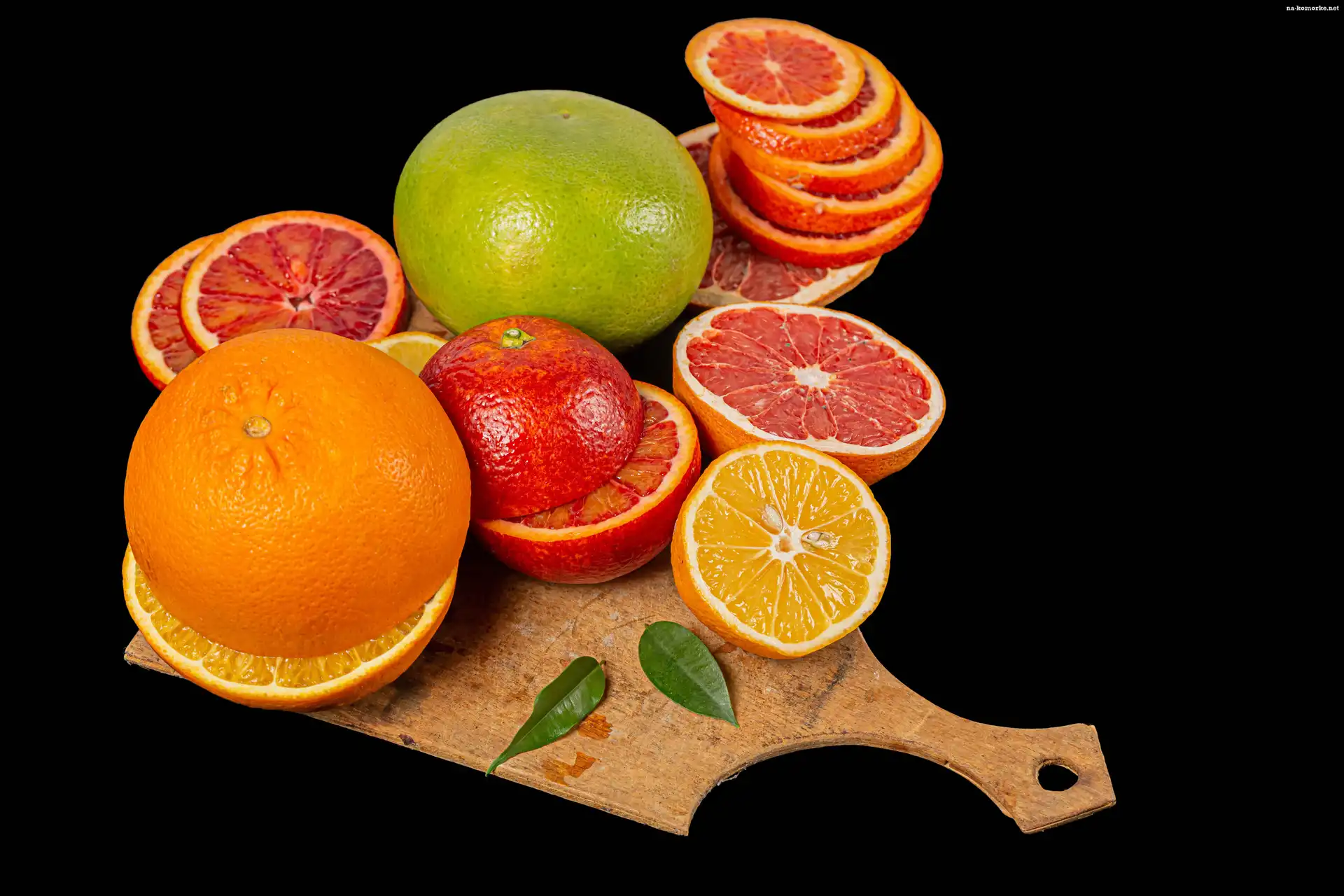 Grejpfruty, Owoce, Listki, Pomarańcza, Tło, Cytrusy, Czarne, Cytryna, Deska