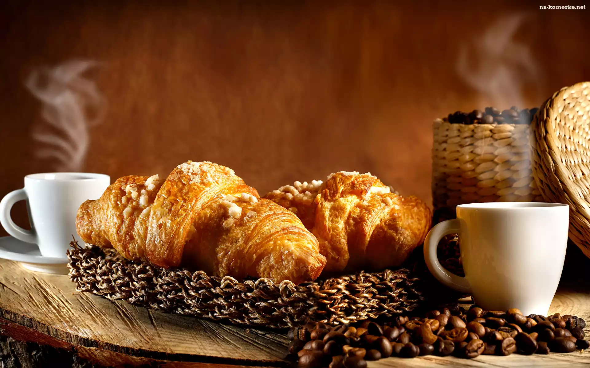 Rogale, Deski, Ziarna, Taca, Croissant, Kawa, Filiżanki, Koszyk