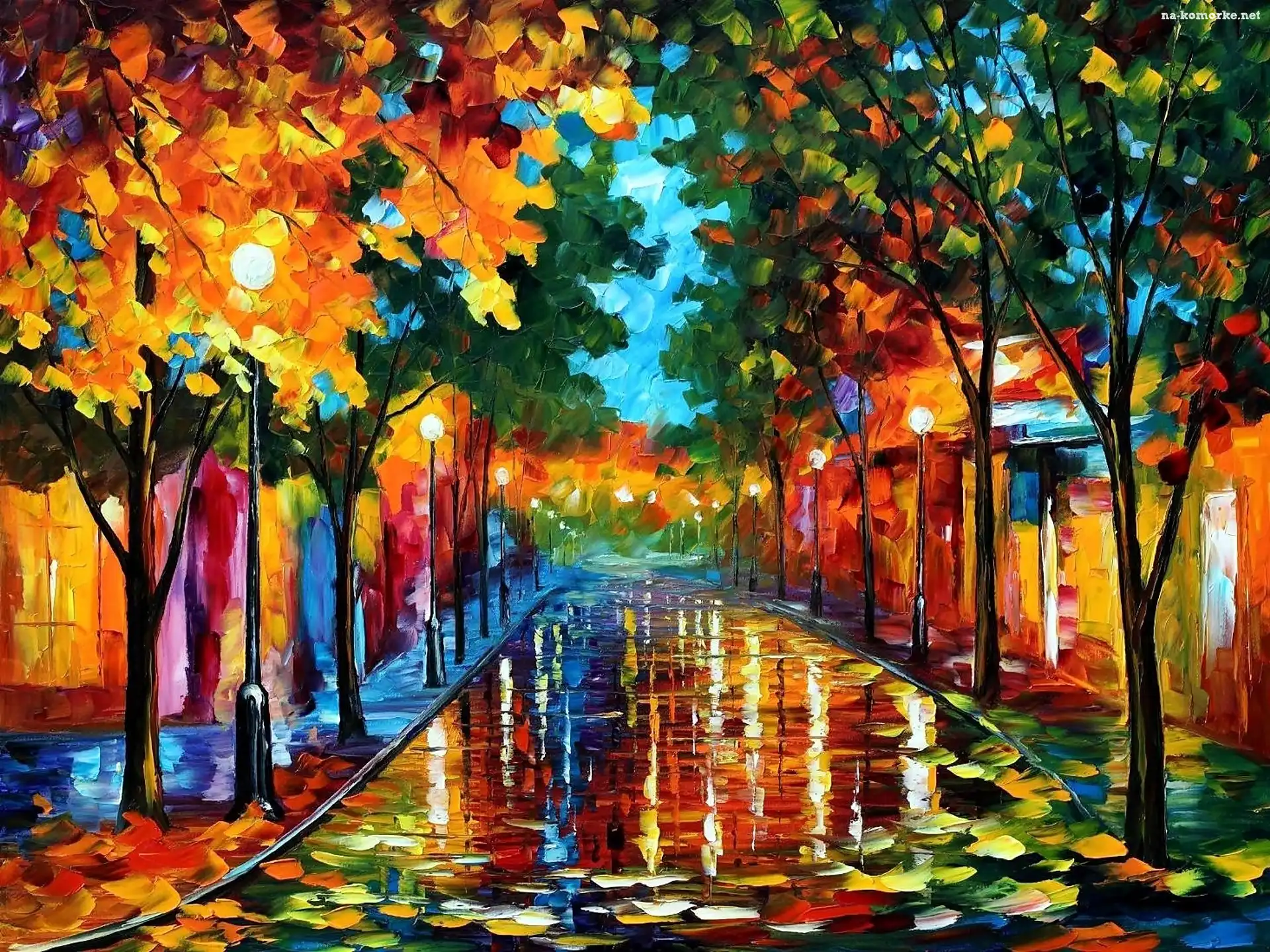 Deszcz, Afremov, Leonid, Domy, Ulica, Drzewa