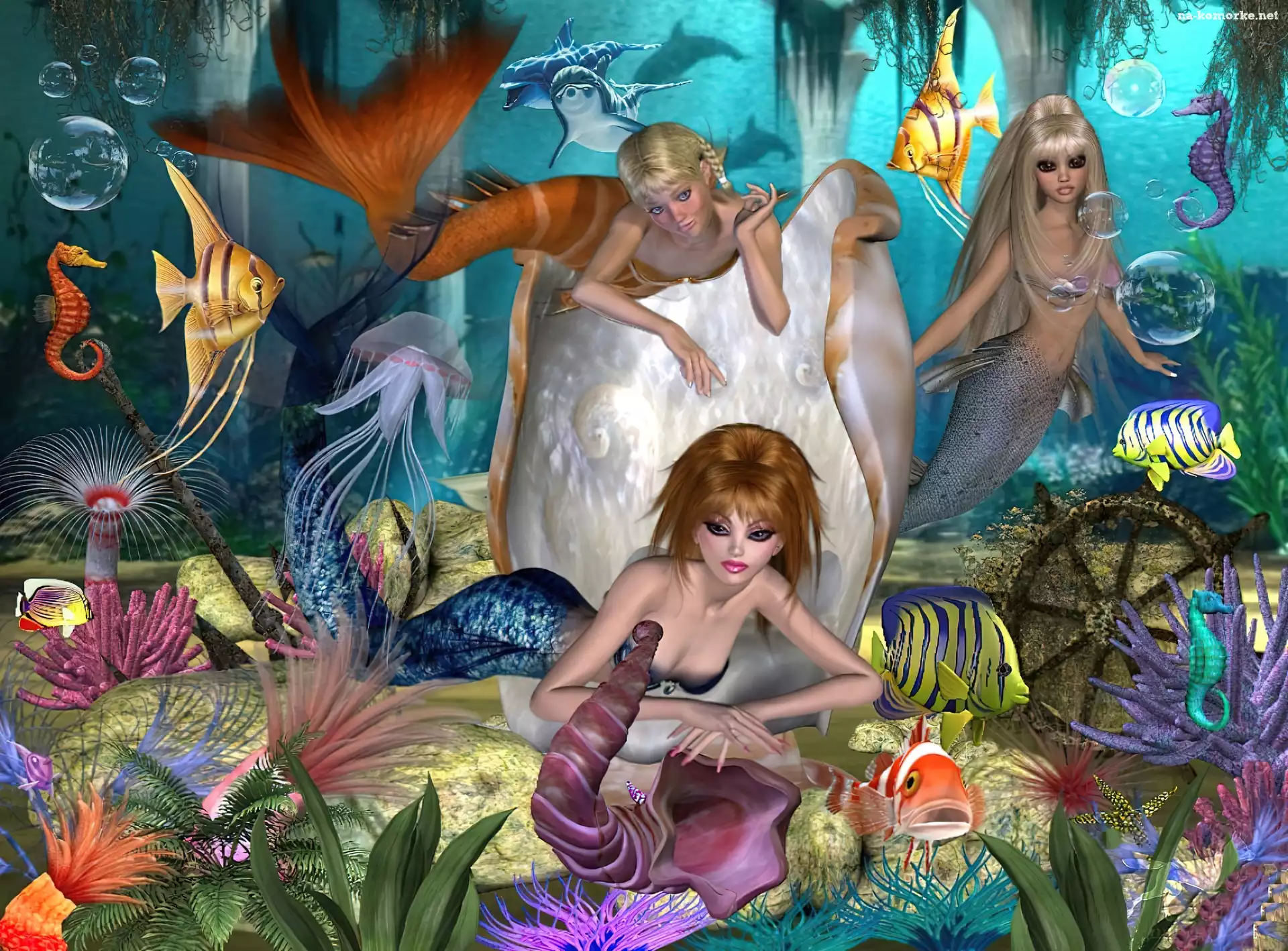 Morskie, Fantasy, Syrenki, Dno