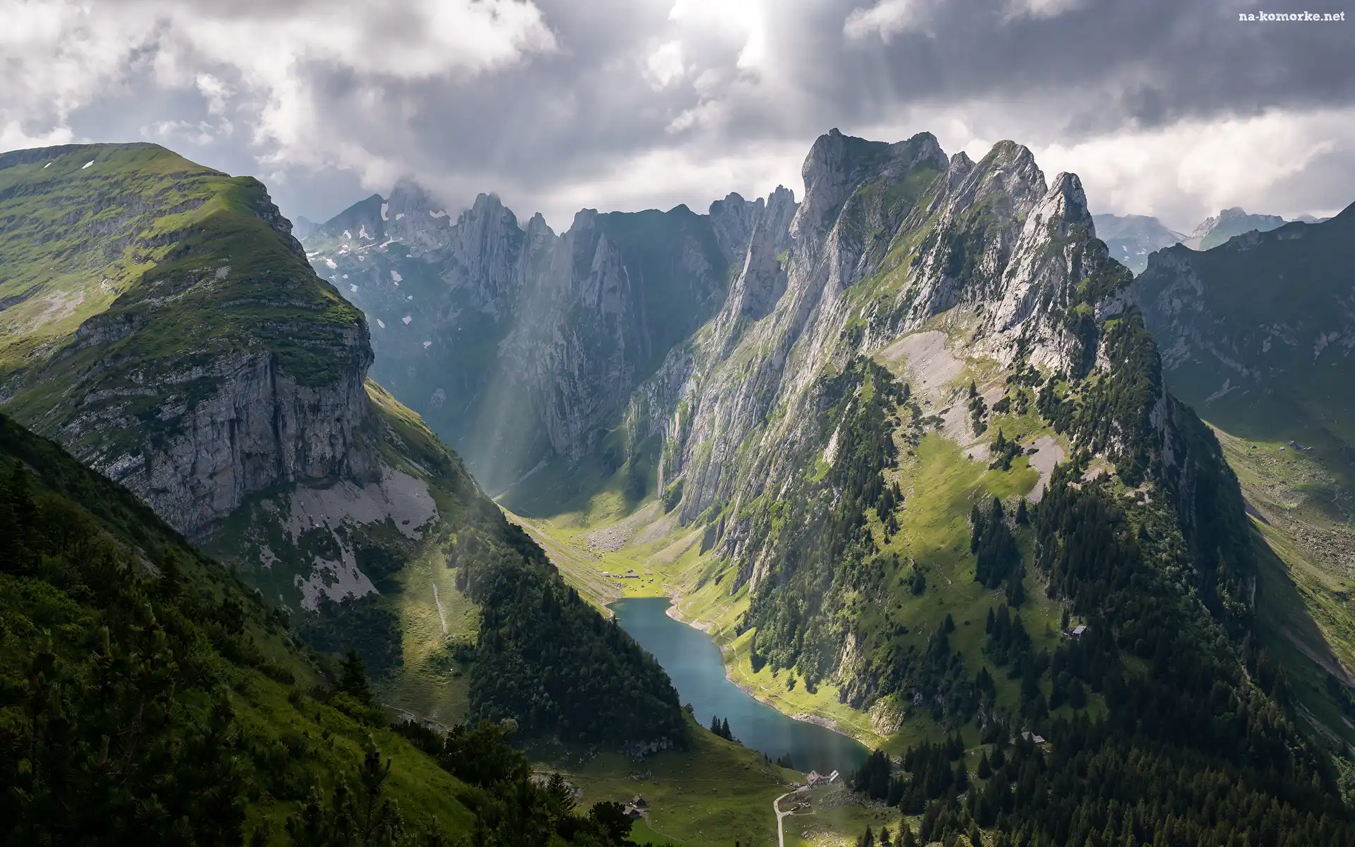 Jezioro Falensee, Szwajcaria, Dolina, Drzewa, Alpy, Góry