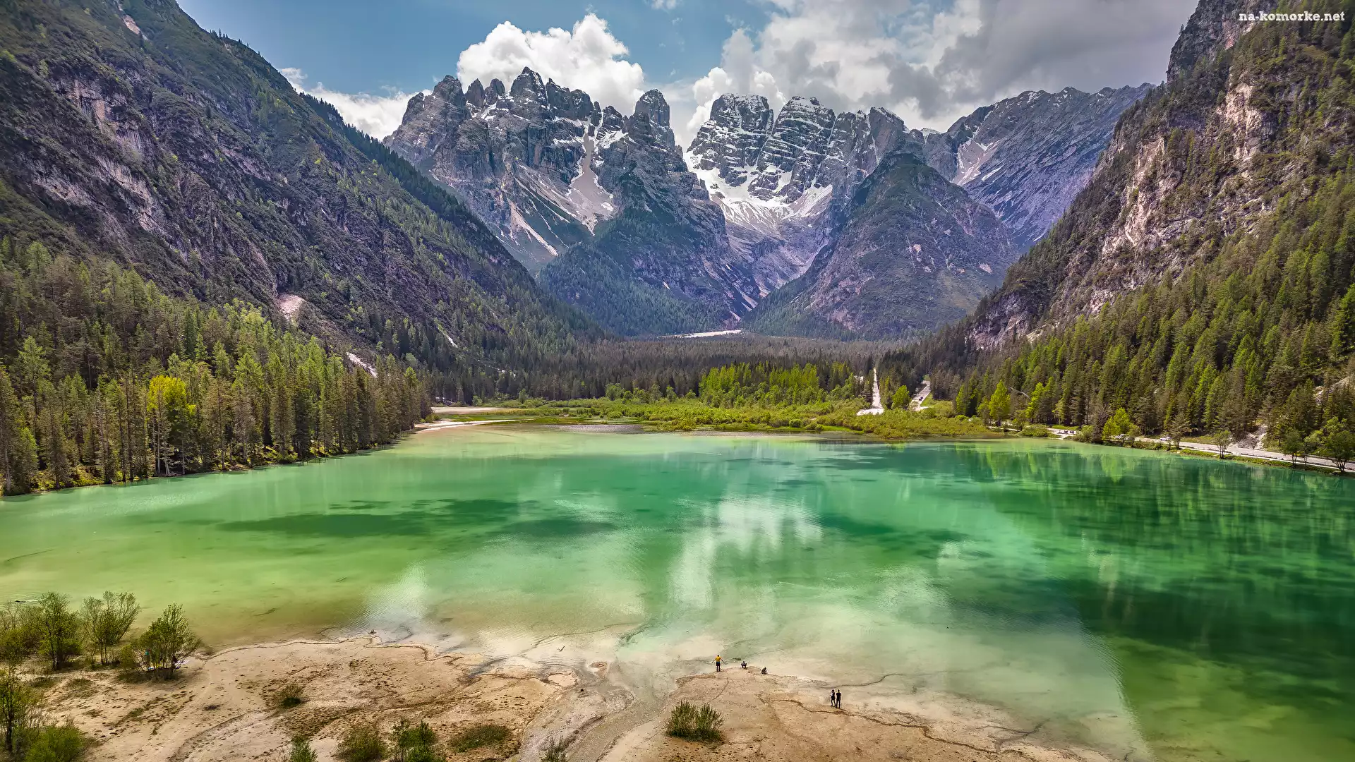 Drzewa, Jezioro Durrensee, Góry, Włochy, Niebo, Las, Dolomity