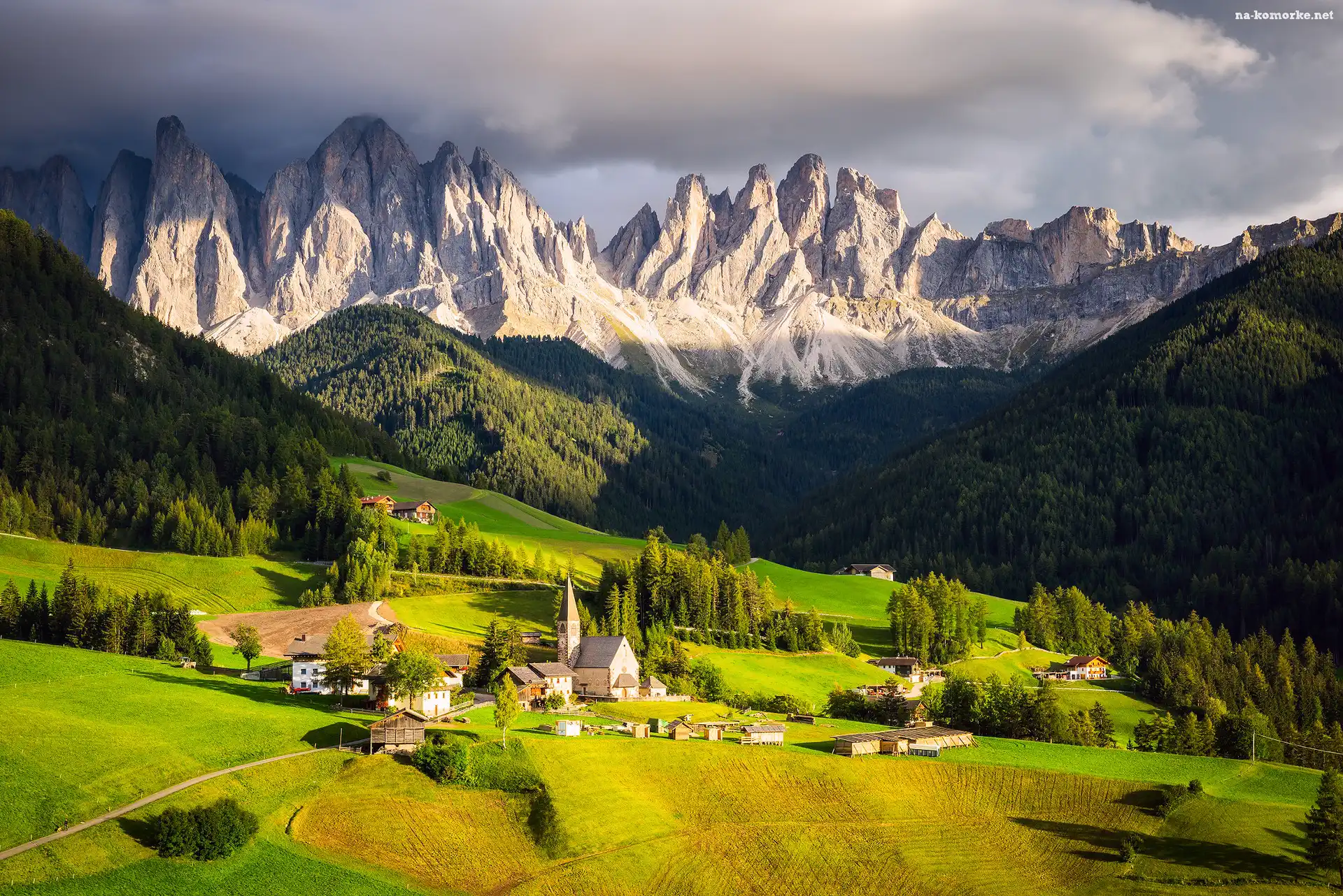 Włochy, Lasy, Domy, Góry Dolomity, Masyw Odle, Dolina Val di Funes, Wieś Santa Maddalena