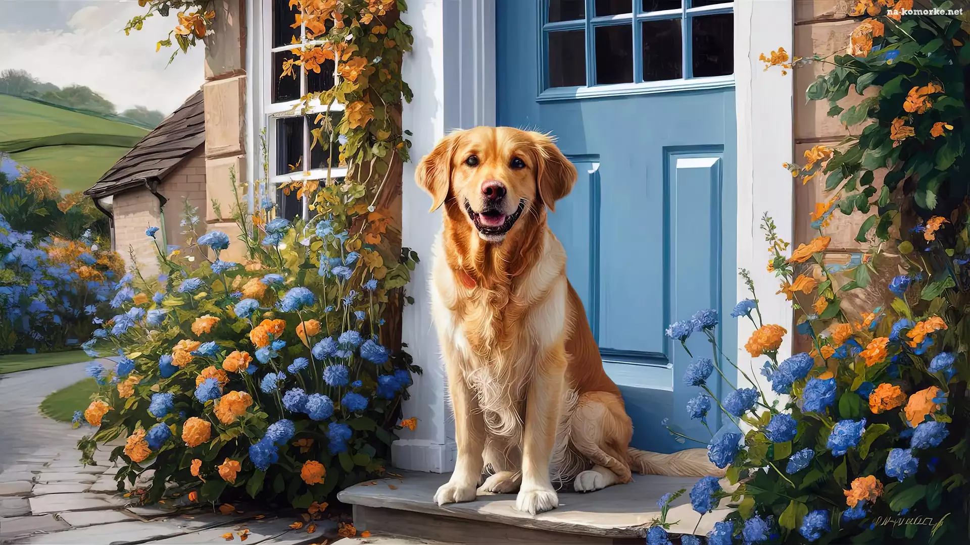 Niebieski, Pies, Drzwi, Dom, Kwiaty, Golden retriever