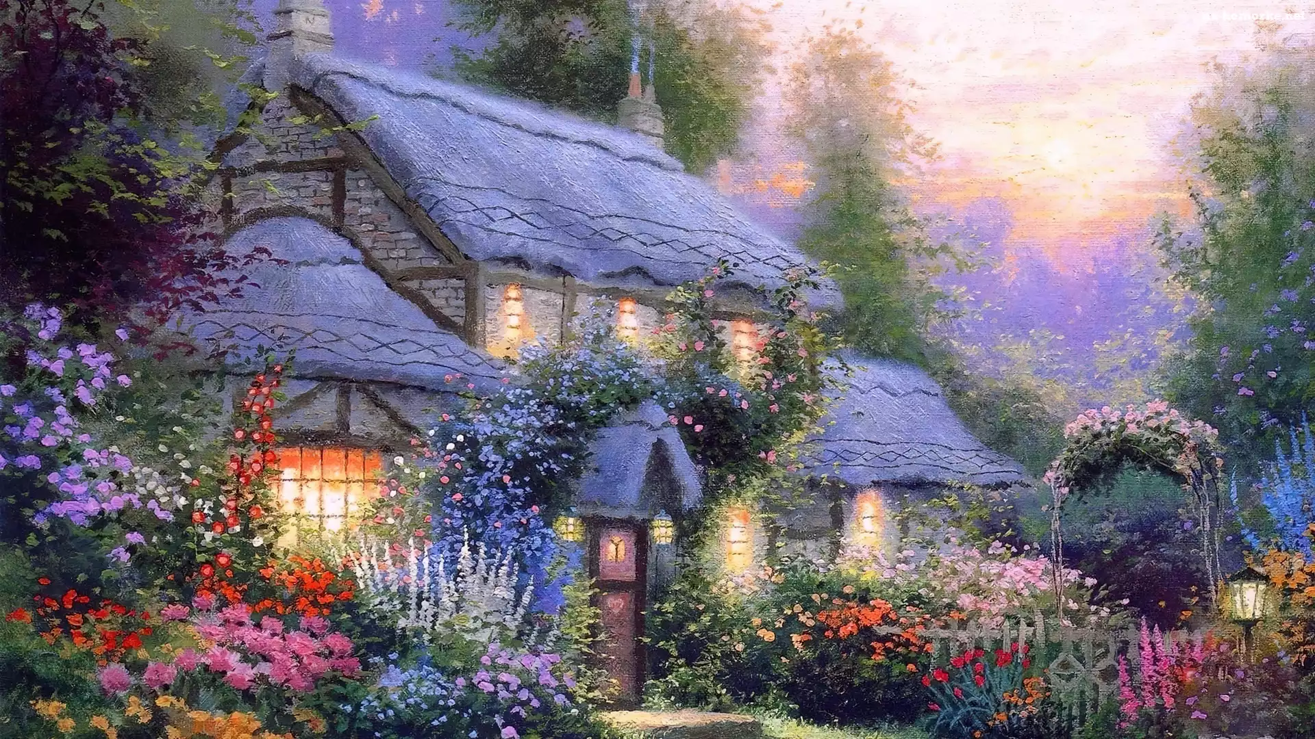 Drzewa, Ogród, Dom, Thomas Kinkade, Kwiaty, Obraz