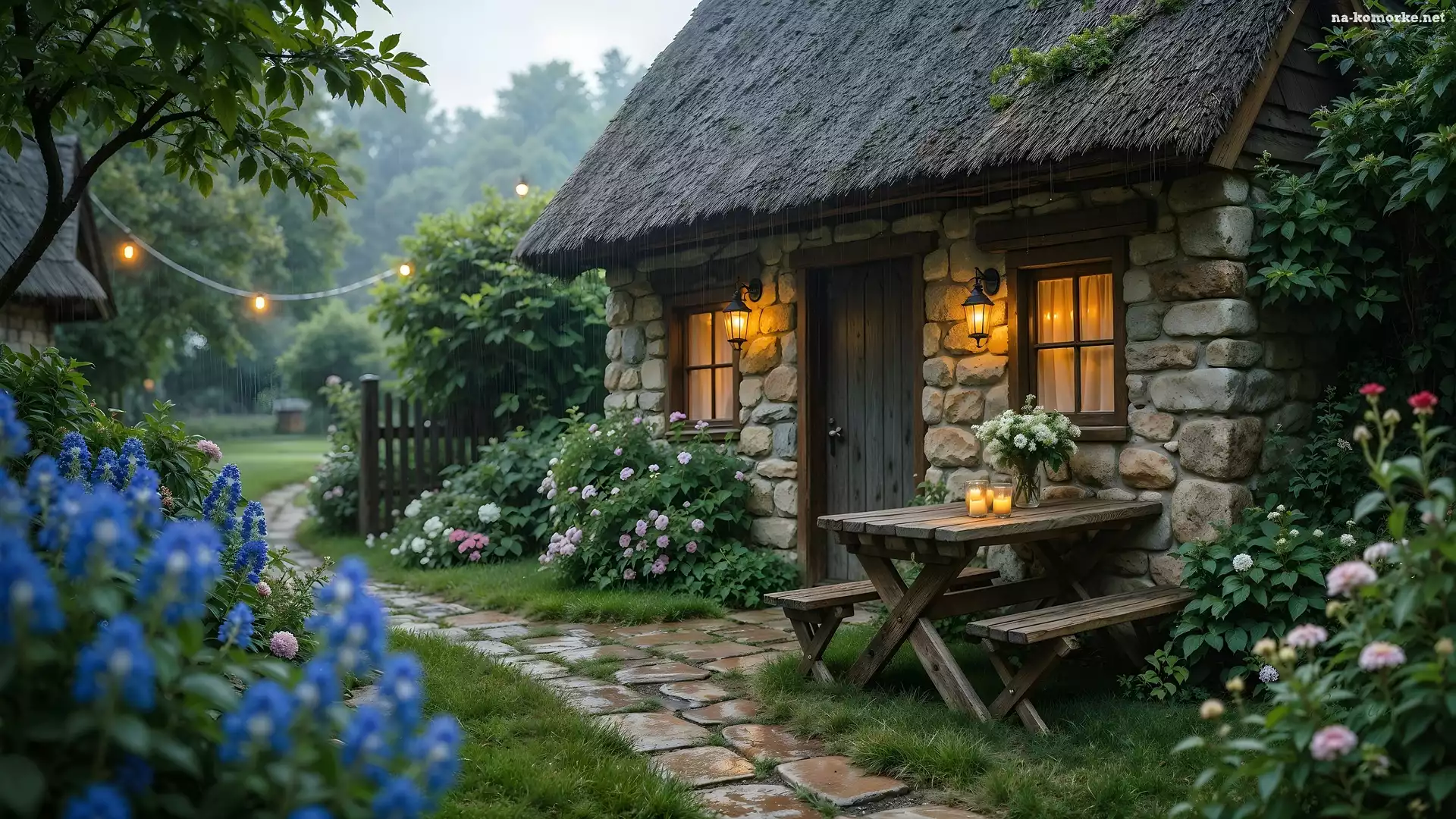 Ogród, Deszcz, Kamienny, Dom