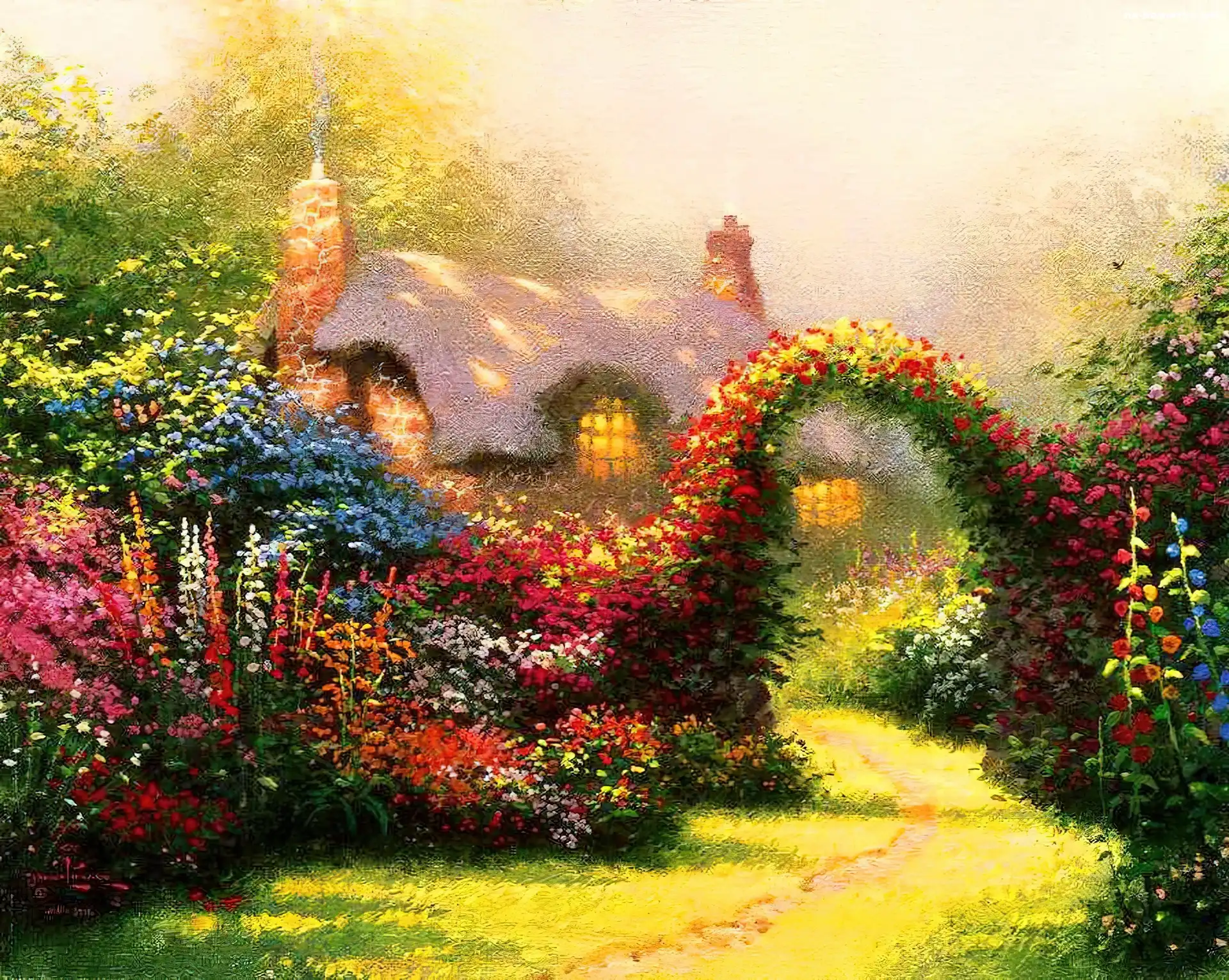 Ogród, Thomas Kinkade, Dom, Kwiaty