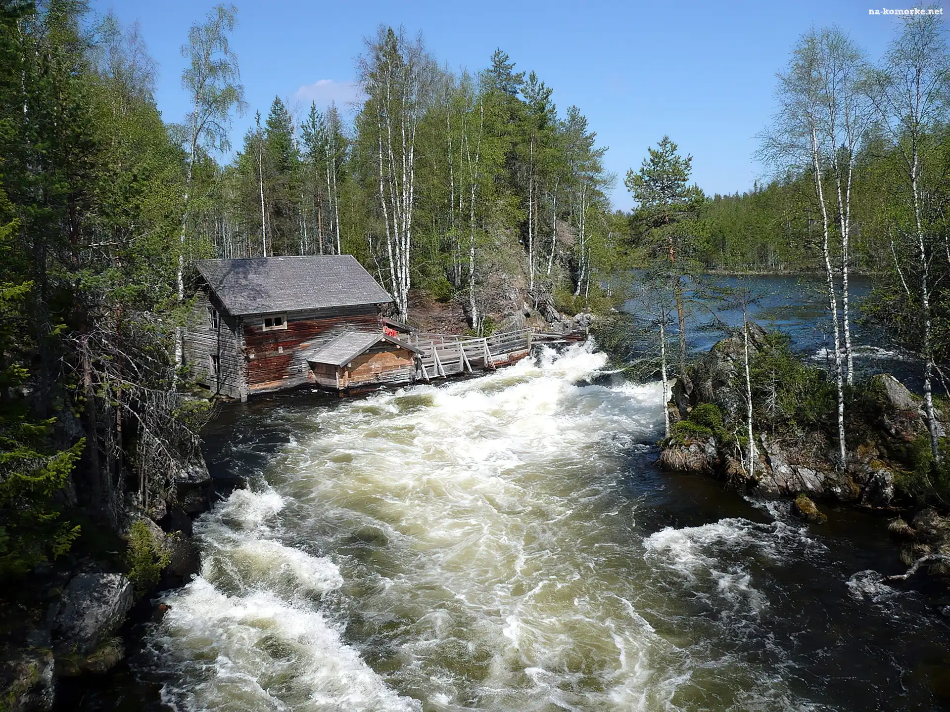 Zalesione, Park Narodowy Oulanka, Finlandia, Domek, Rzeka, Brzegi
