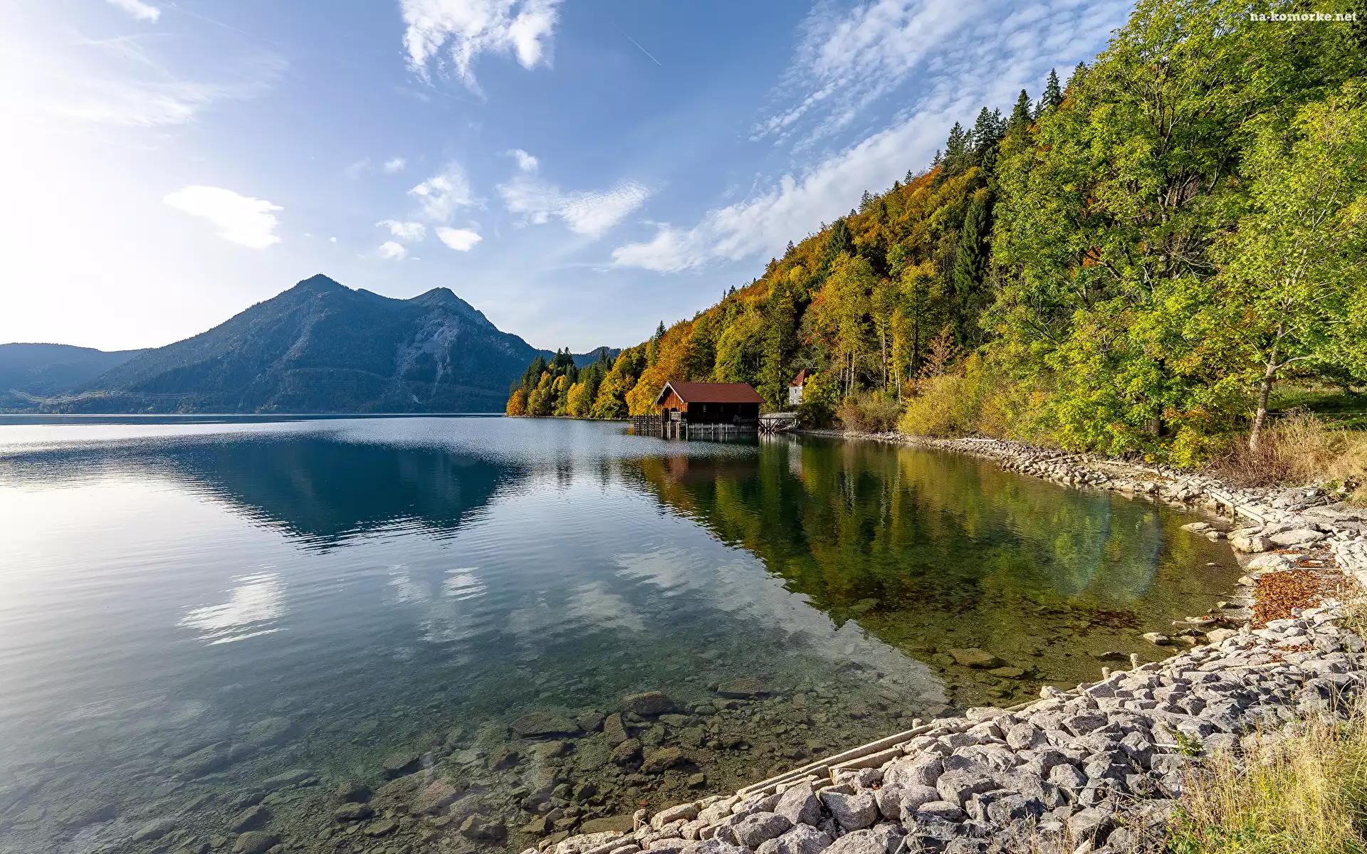 Domek, Kamienie, Alpy, Walchensee, Jezioro, Bawaria, Niemcy, Las, Góry