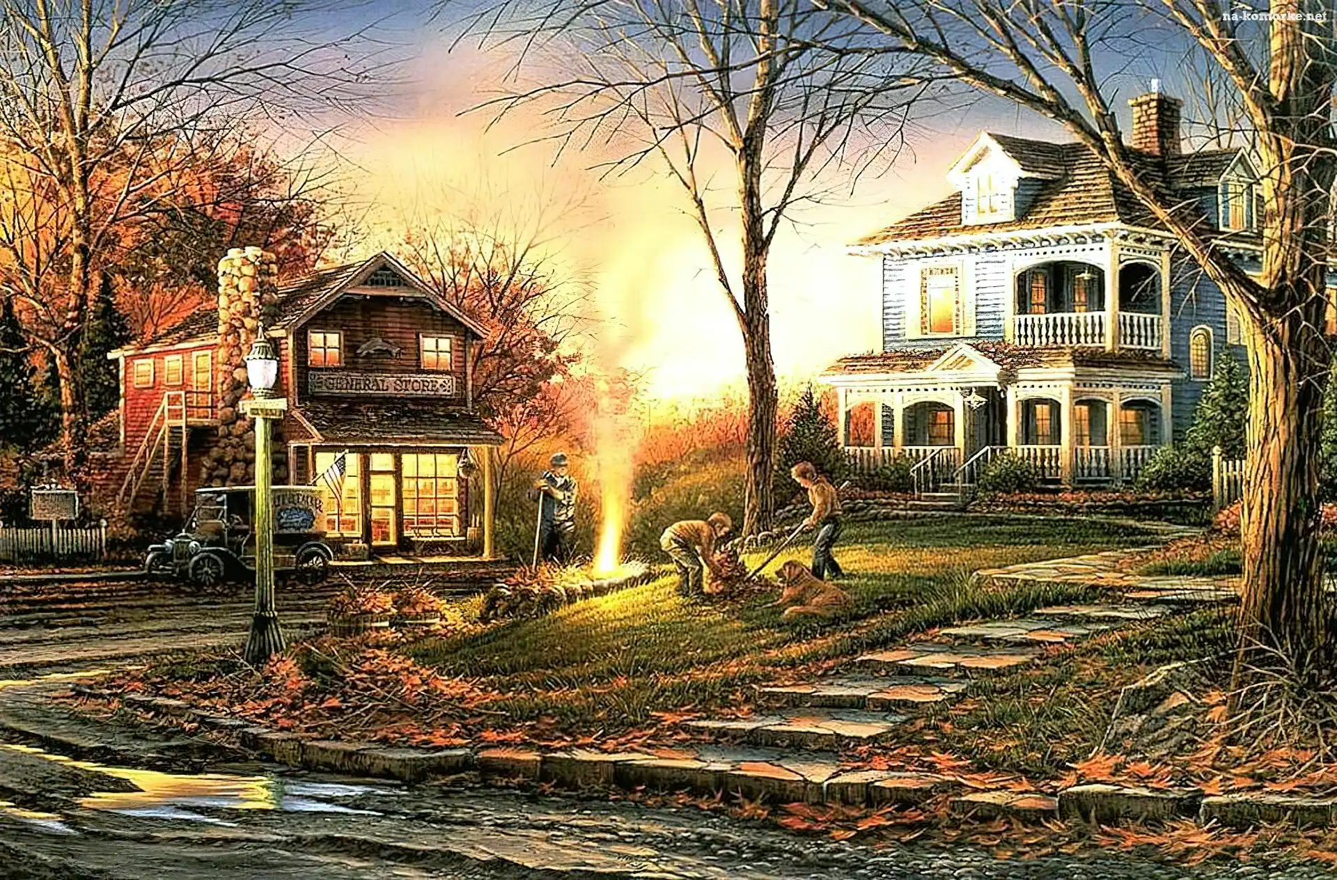 Domki, Malarstwo, Jesień, Widoczek