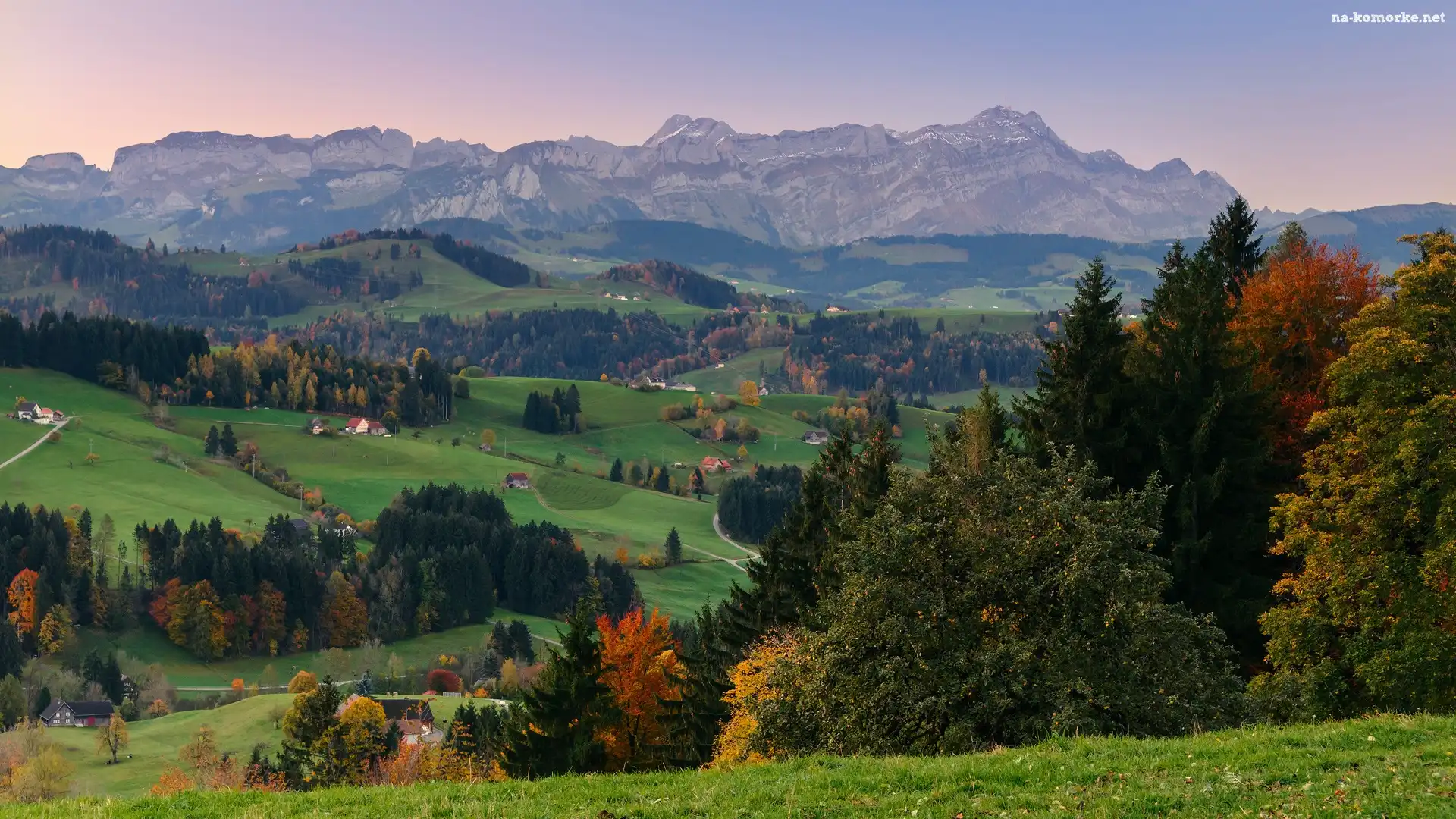 Domy, Lasy, Góry, Panorama, Łąki, Jesień