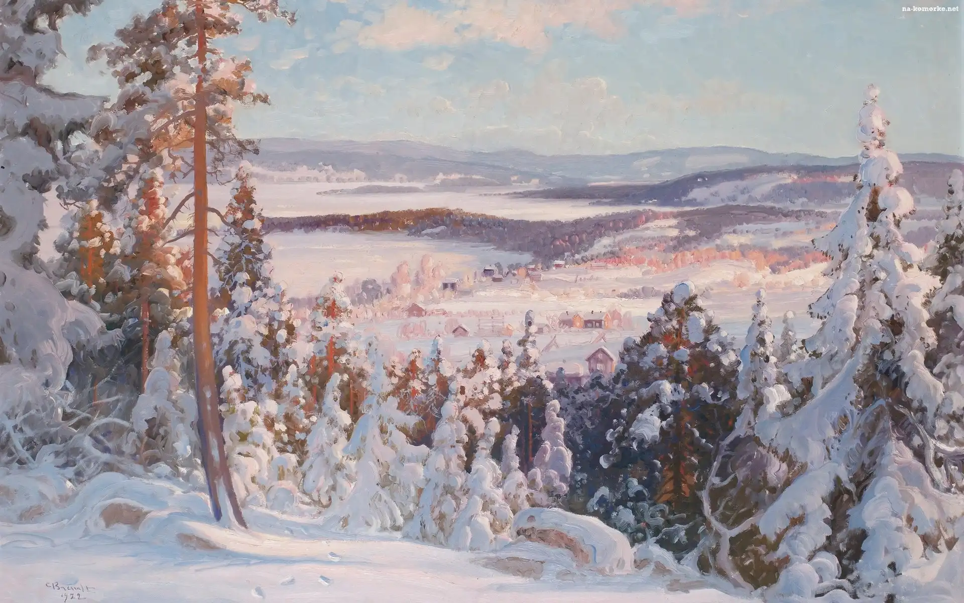 Zima, Malarstwo, Carl August Brandt, Drzewa, Góry, Dolina, Domy