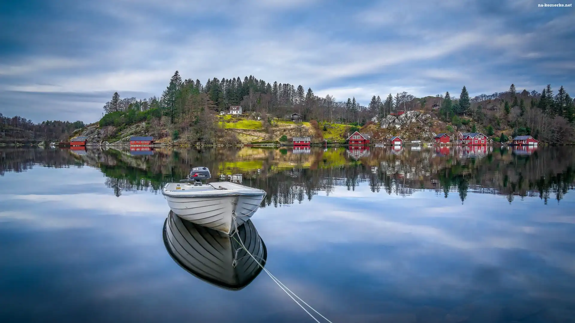 Norwegia, Skały, Drzewa Morze, Gmina Eigersund, Rogaland, Łódka, Domy