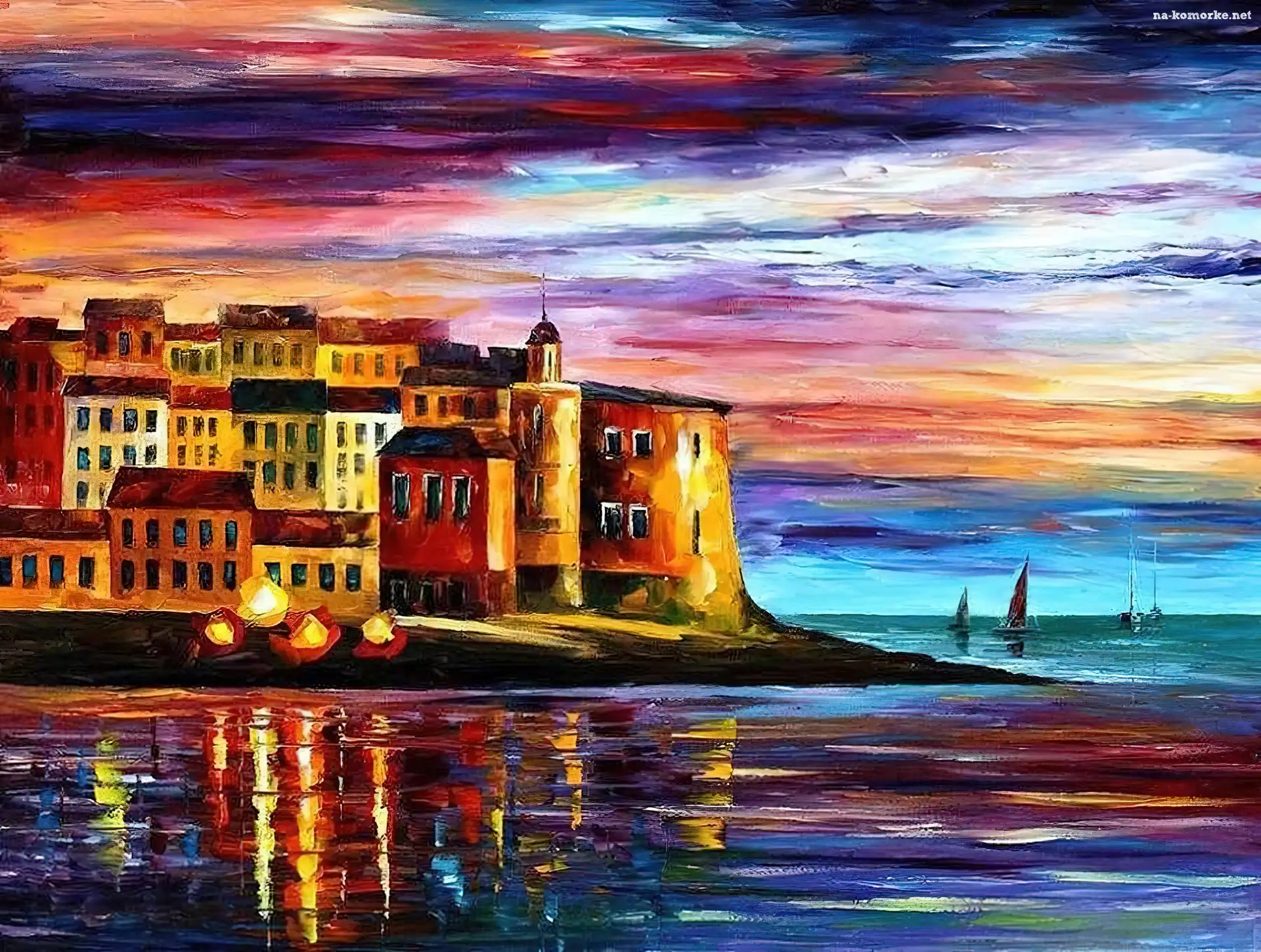 Domy, Malarstwo, Morze, Leonid Afremov