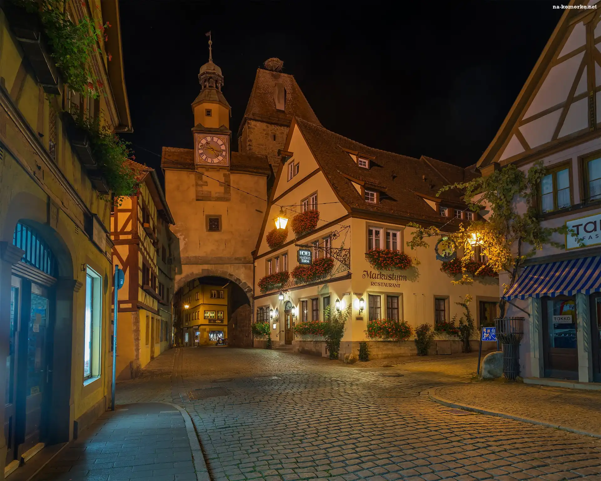 Miasto, Bawaria, Domy, Niemcy, Rothenburg ob der Tauber, Noc, Ulica, Latarnie