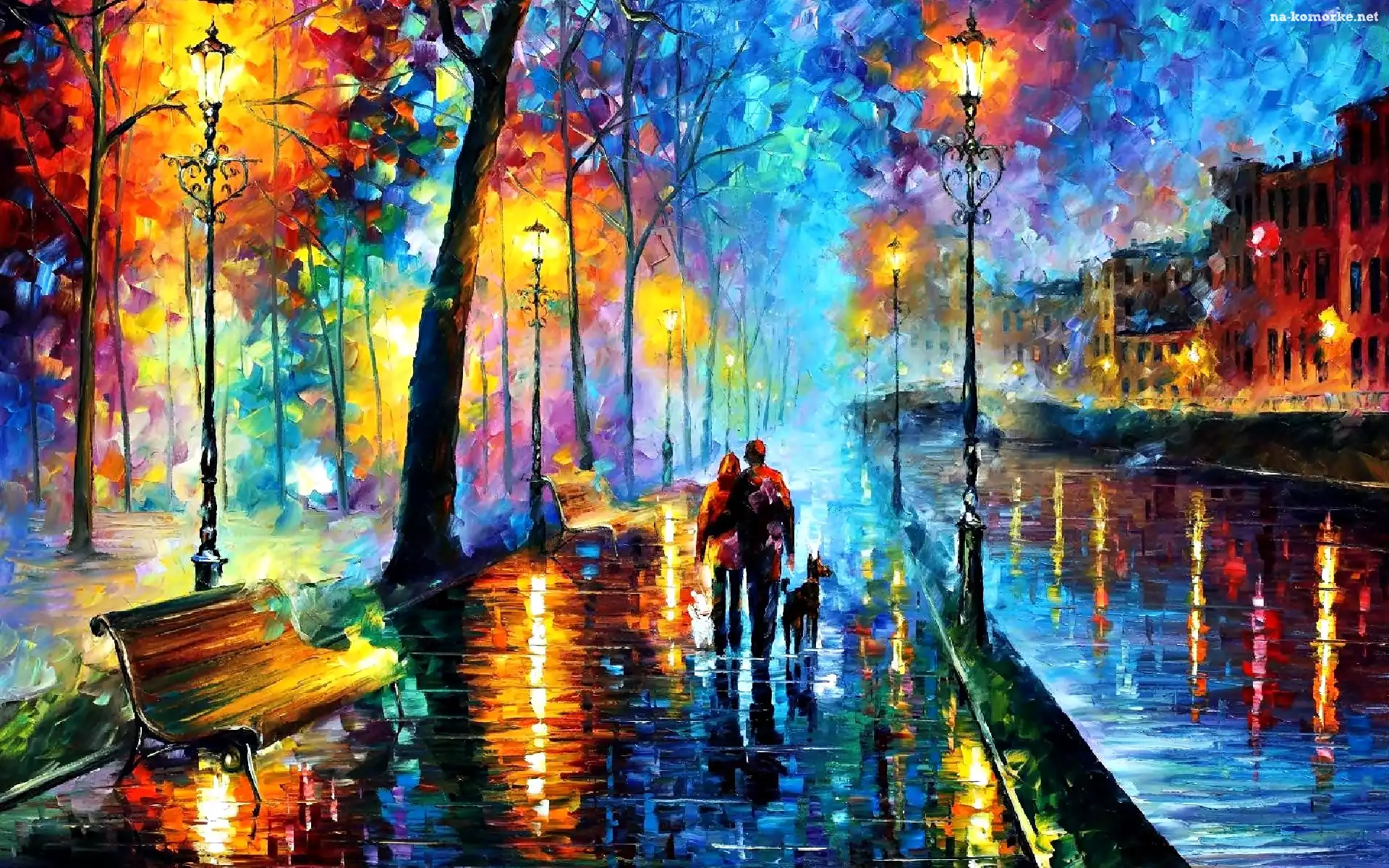 Domy, Obraz, Leonid Afremov, Ulica, Latarnie