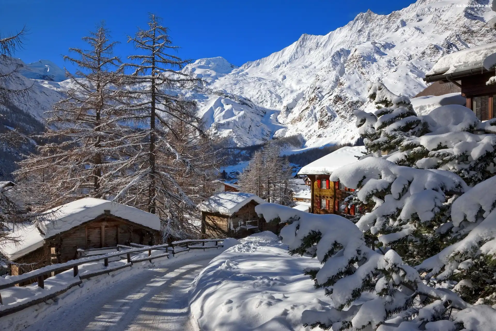Szwajcaria, Domy, Droga, Saas-Fee, Zima, Góry, Wieś