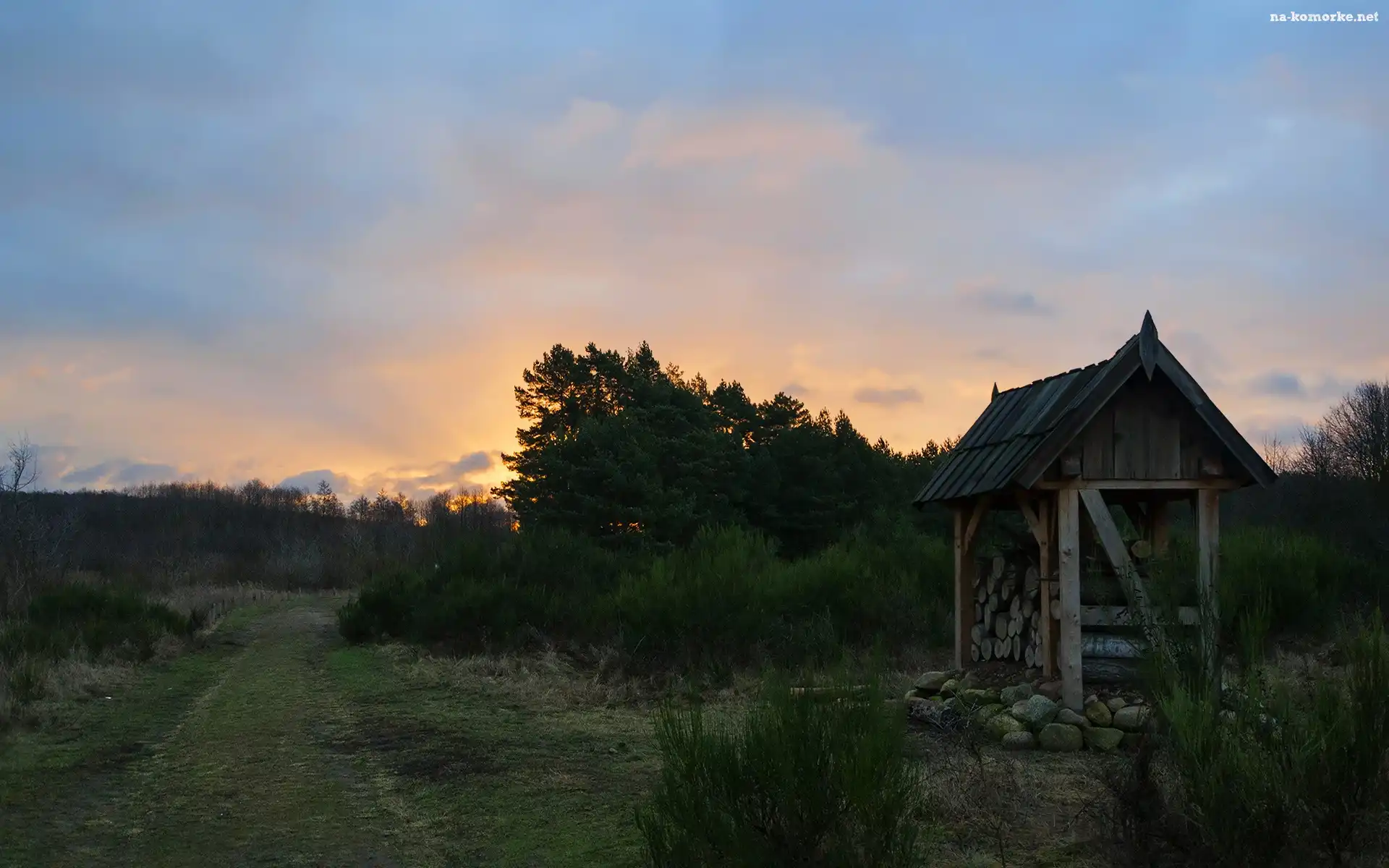Drewno, Wschód słońca, Poranek, Domek, Wiatka