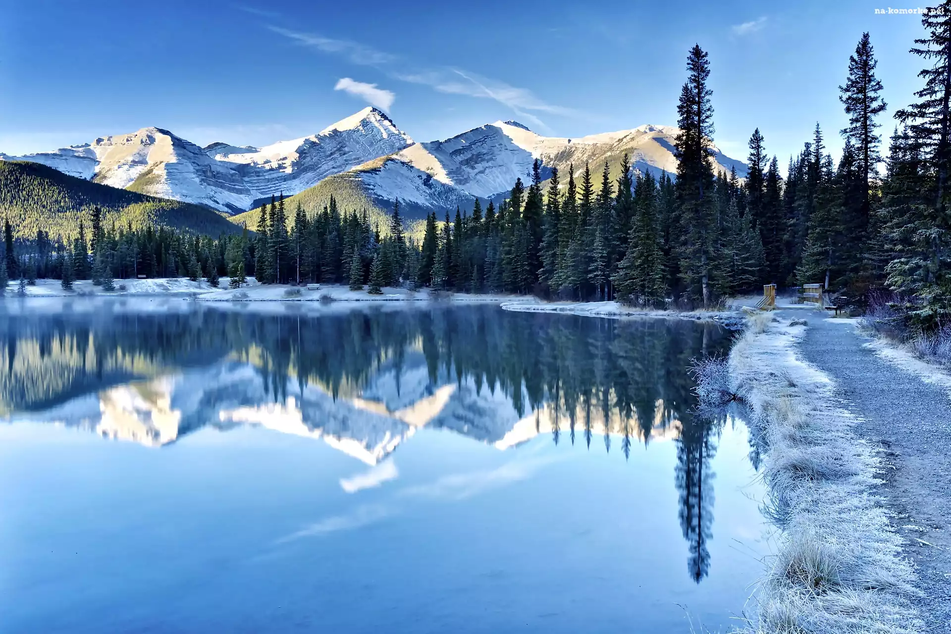 Kanada, Droga, Zima, Alberta, Jezioro Kananaskis, Góry, Lasy