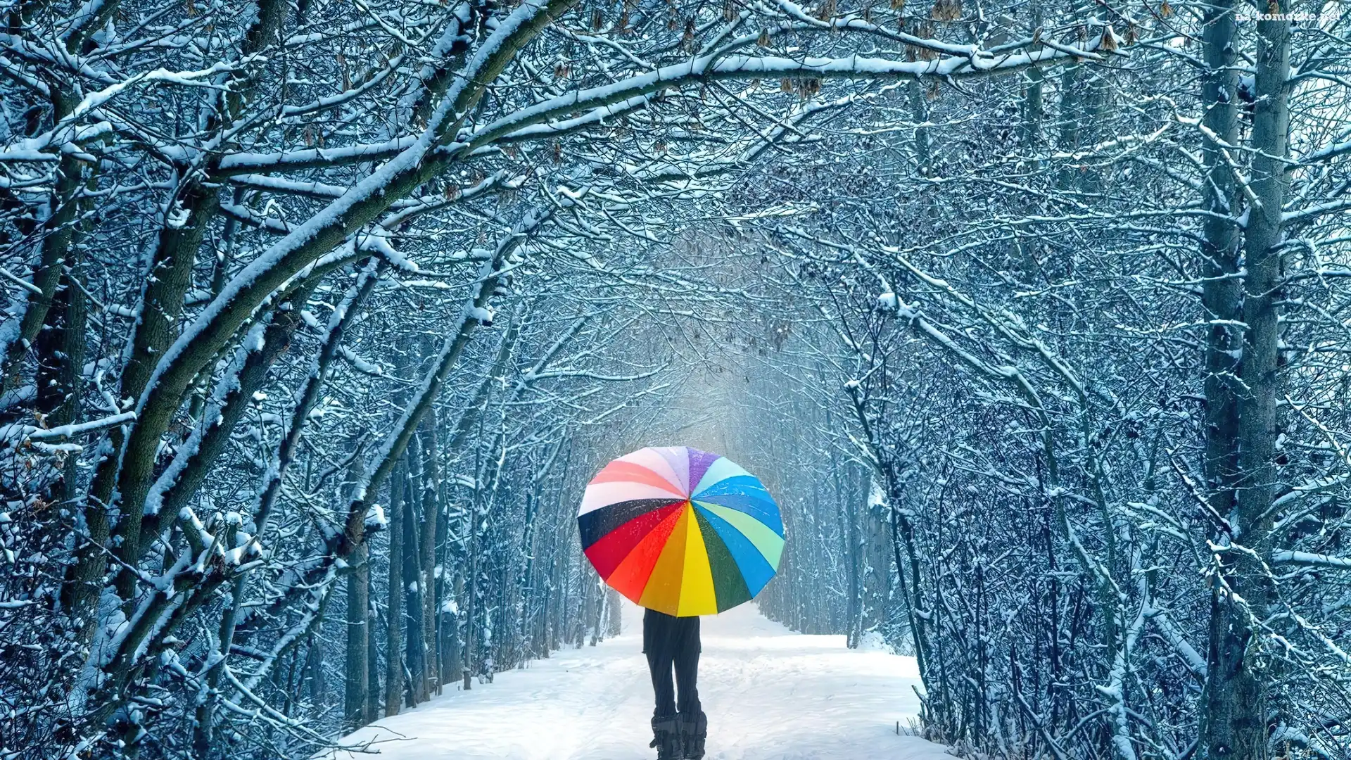 Droga, Parasol, Śnieg, Dziewczyna