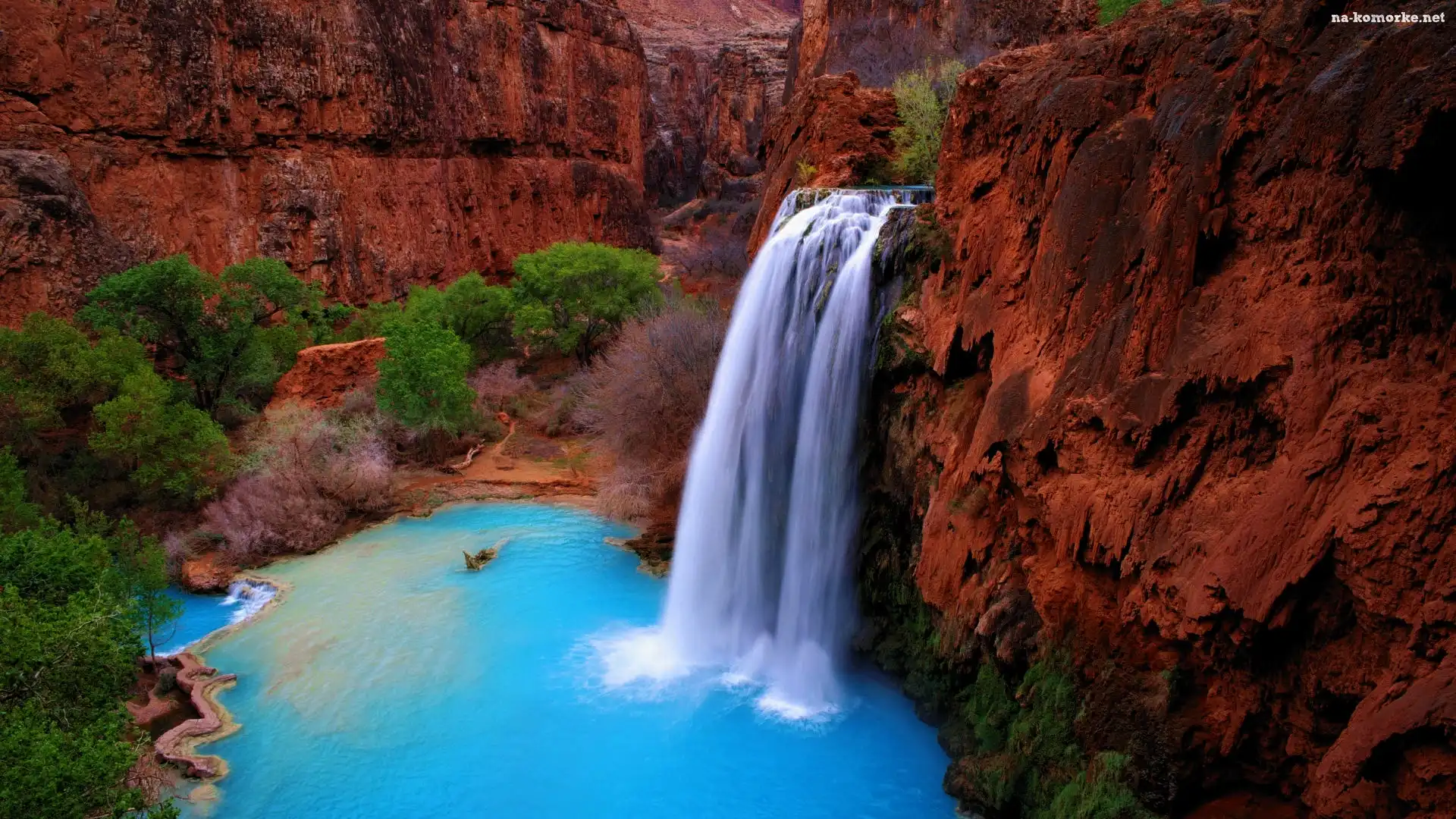 Drzewa, Wodospad, Havasu, Arizona, Skały