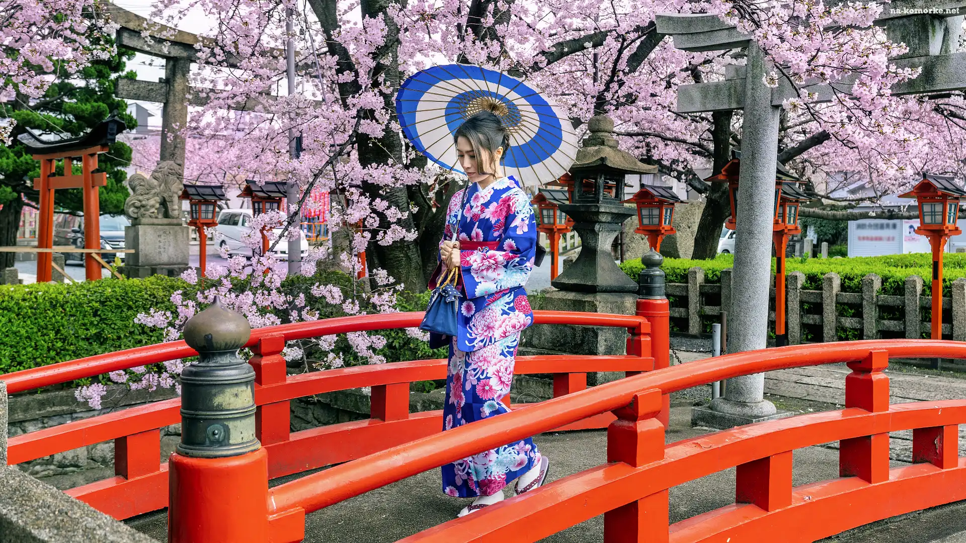 Azjatka, Drzewa, Wiosna, Kobieta, Kimono, Parasolka, Most