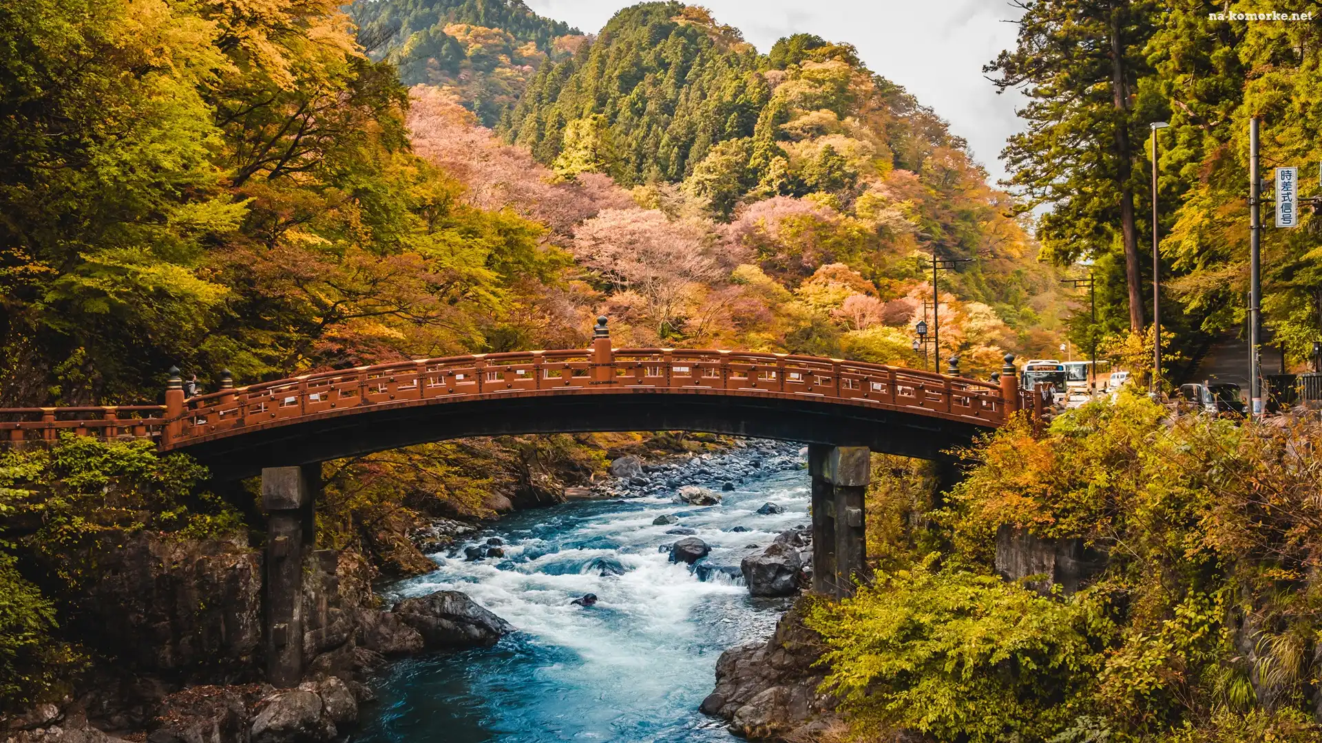 Most, Rzeka, Drzewa, Shinkyo Bridge, Japonia, Daiya River, Nikko, Góry, Jesień