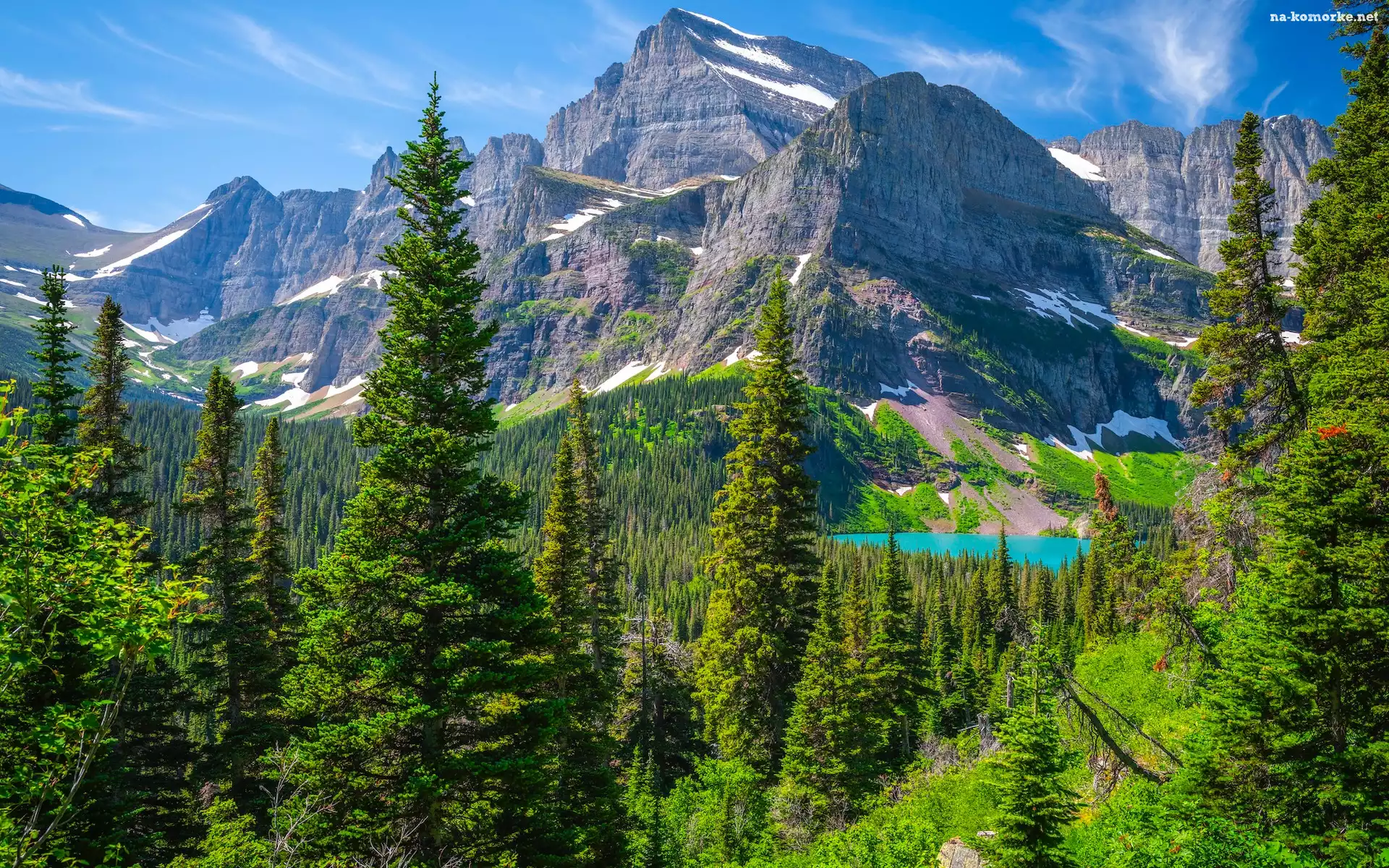 Park Narodowy Glacier, Lasy, Jezioro, Stany Zjednoczone, Grinnell Lake, Drzewa, Góry, Montana