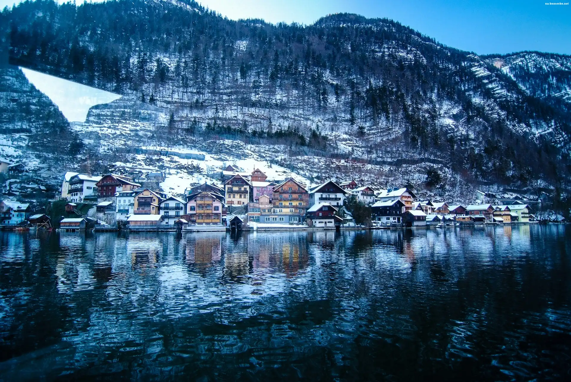 Drzewa, Austria , Góry, Jezioro, Domy