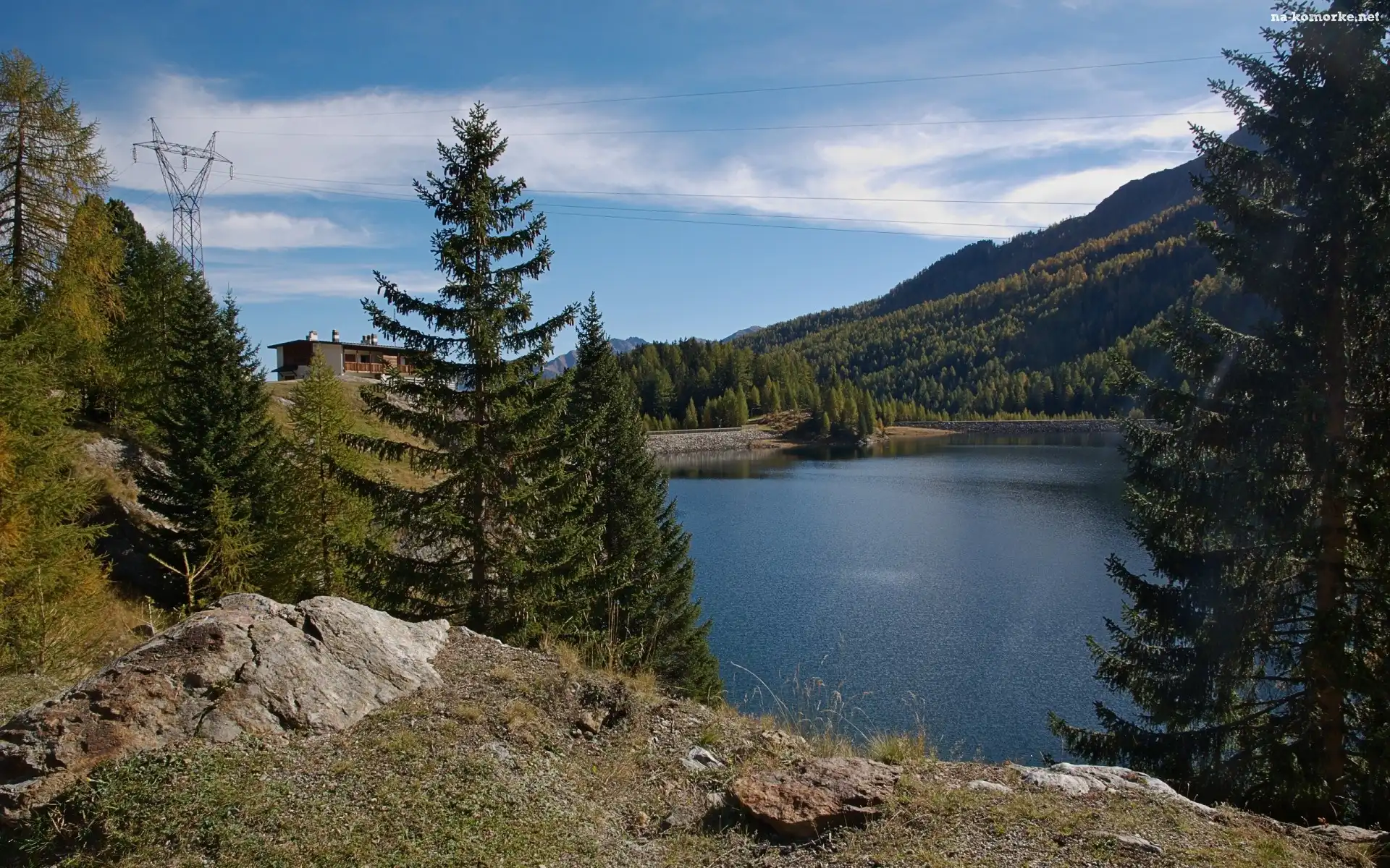 Drzewa, Domek, Las, Prądu, Jezioro, Stacja