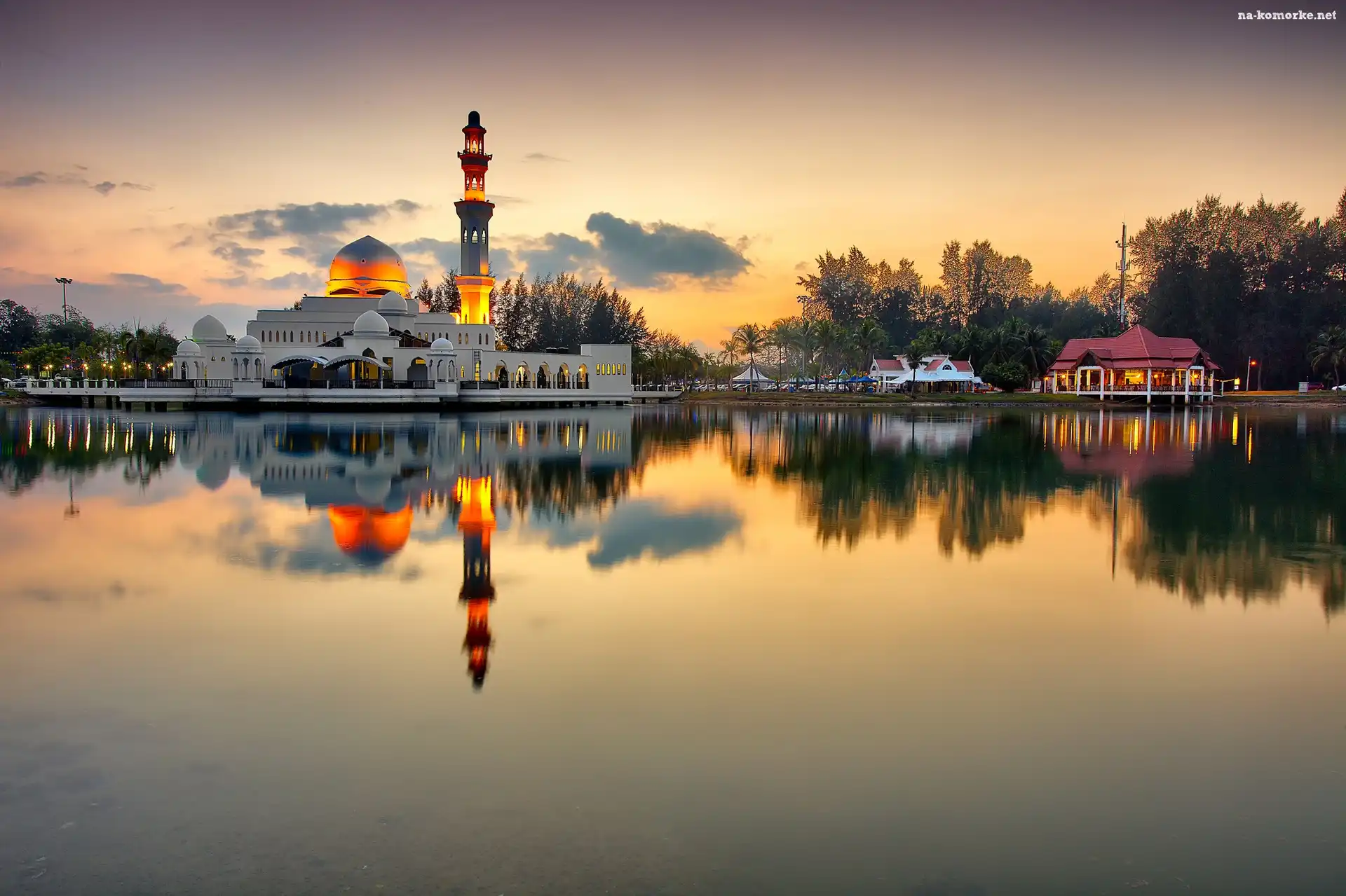 Drzewa, Minaret, Meczet, Słońca, Jezioro, Zachód
