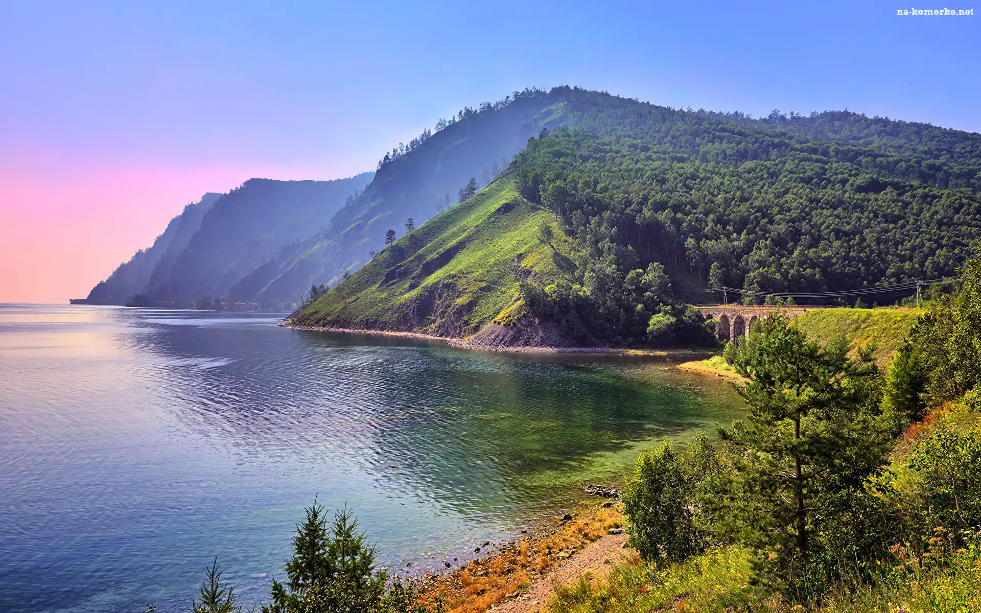 Drzewa, Wzgórze, Góry, Most, Lasy, Jezioro