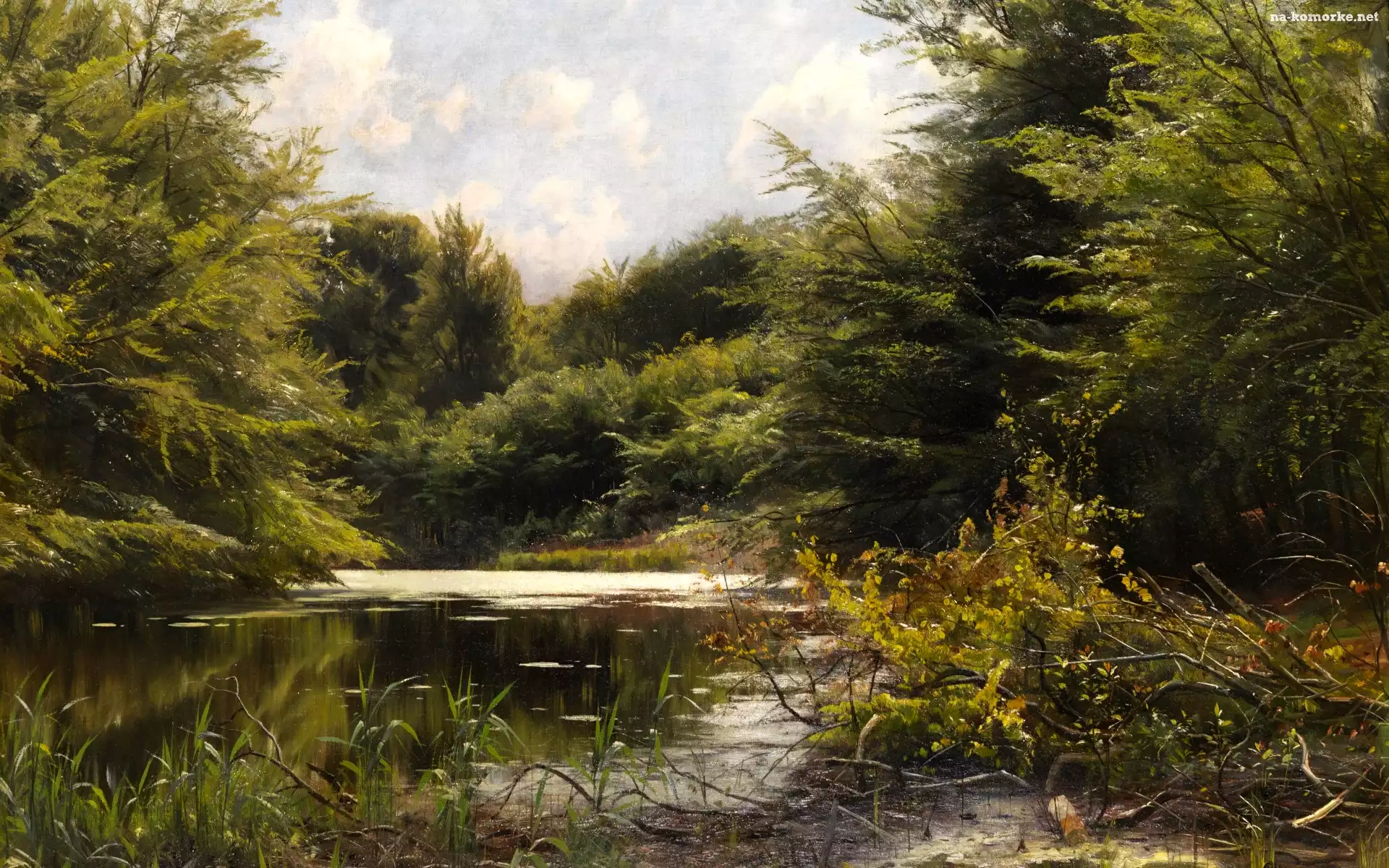 Peder Mork Monsted, Rzeka, Zarośla, Malarstwo, Obraz, Las, Drzewa