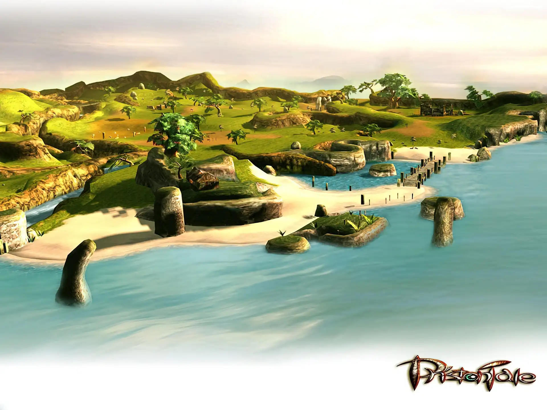 drzewa, Priston Tale, wyspa, most, osada
