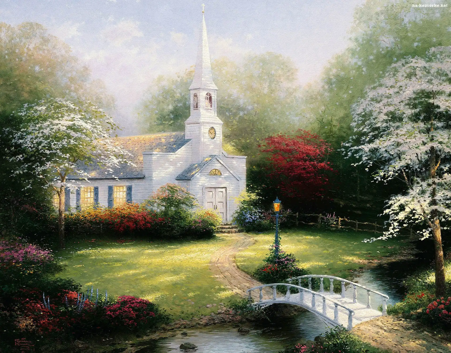 Malarstwo, Drzewa, Thomas Kinkade, Obraz, Kościół, Rzeka, Mostek
