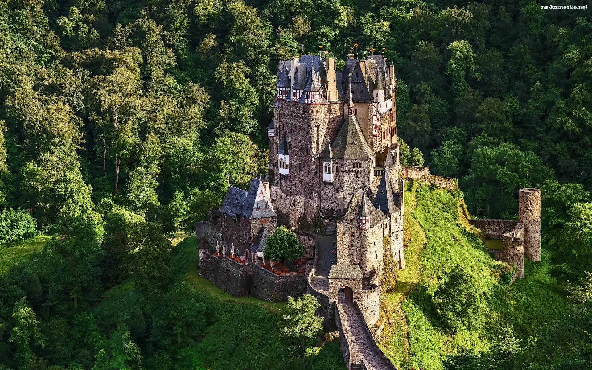 Góry Eifel, Gmina Wierschem, Niemcy, Zamek Eltz, Las, Zielone, Drzewa