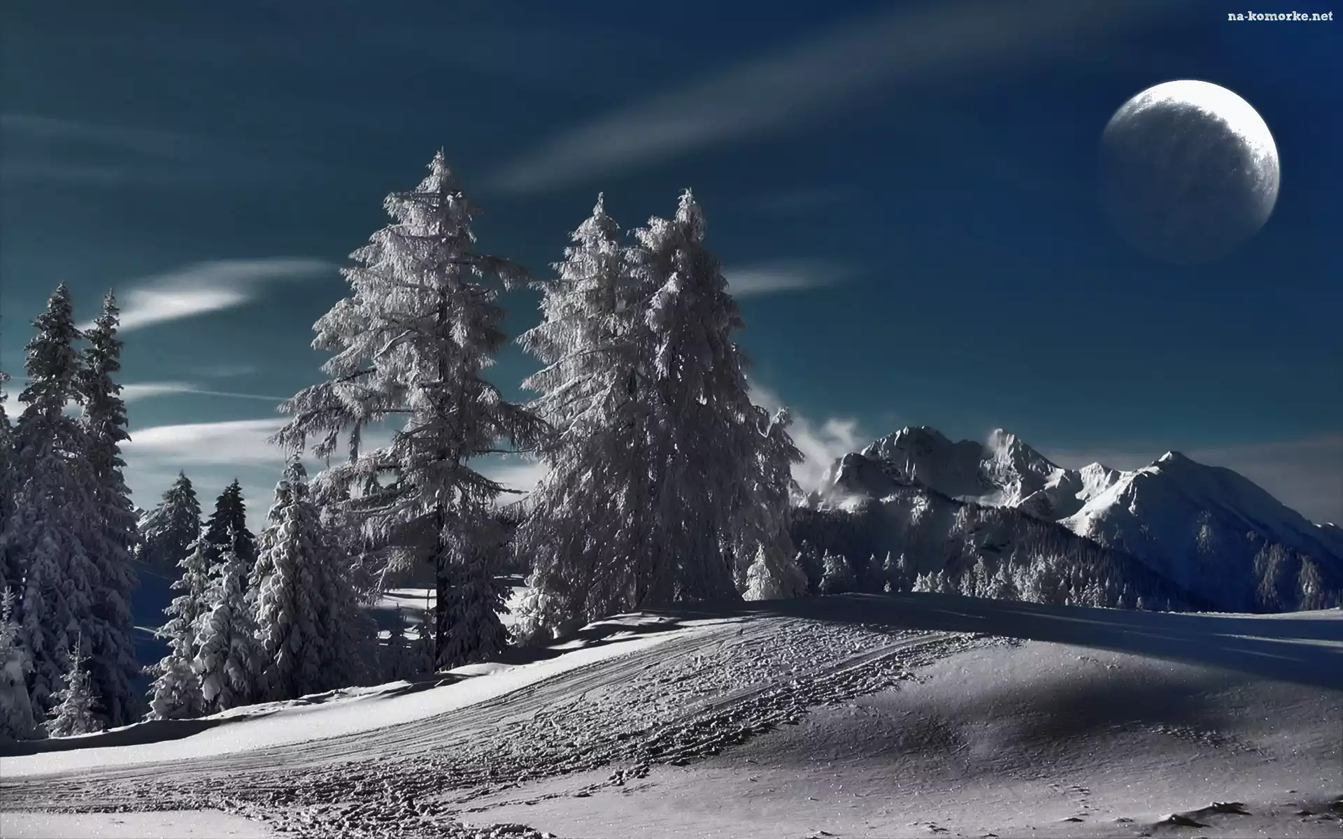 Śnieg, Noc, Góry, Drzewa, Księżyc