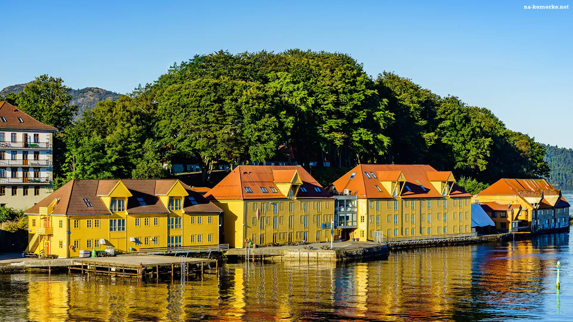 Przystań, Domy, Norwegia, Drzewa, Rzeka, Pomosty, Bergen