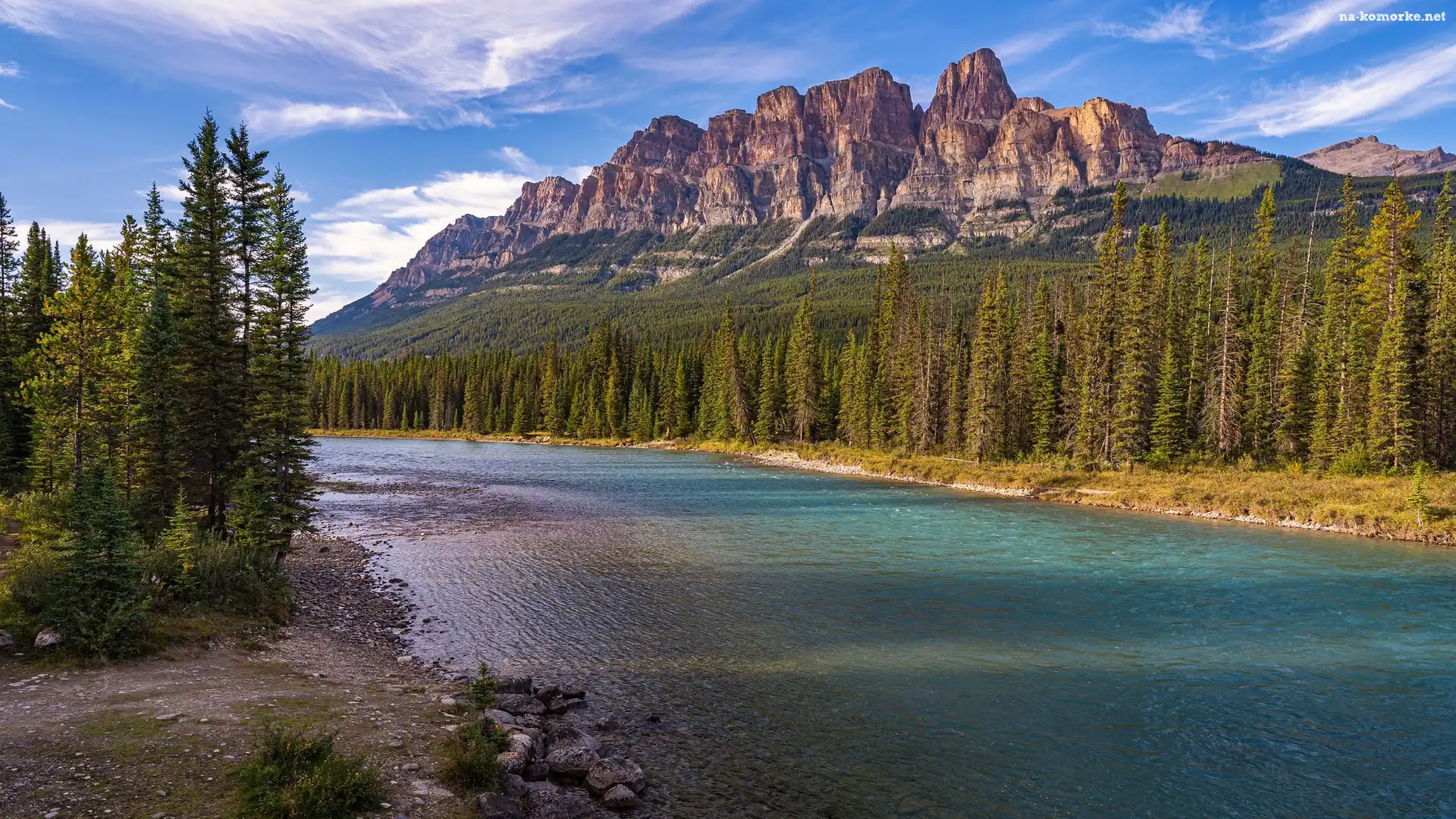 Park Narodowy Banff, Prowincja Alberta, Drzewa, Kanada, Góry, Las, Rzeka, Bow River
