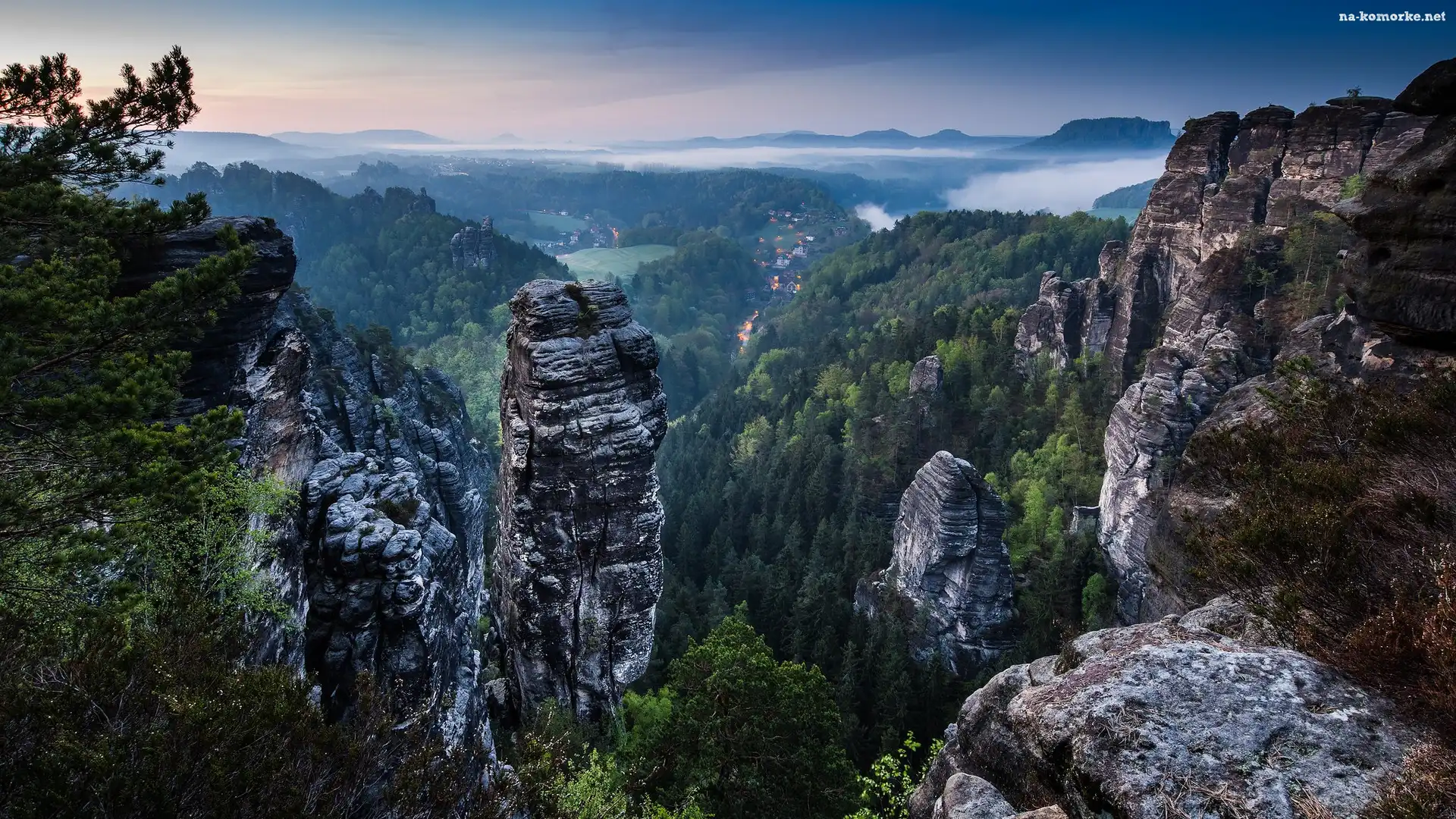 Skały, Park Narodowy Saskiej Szwajcarii, Niemcy, Poranek, Góry Połabskie, Drzewa