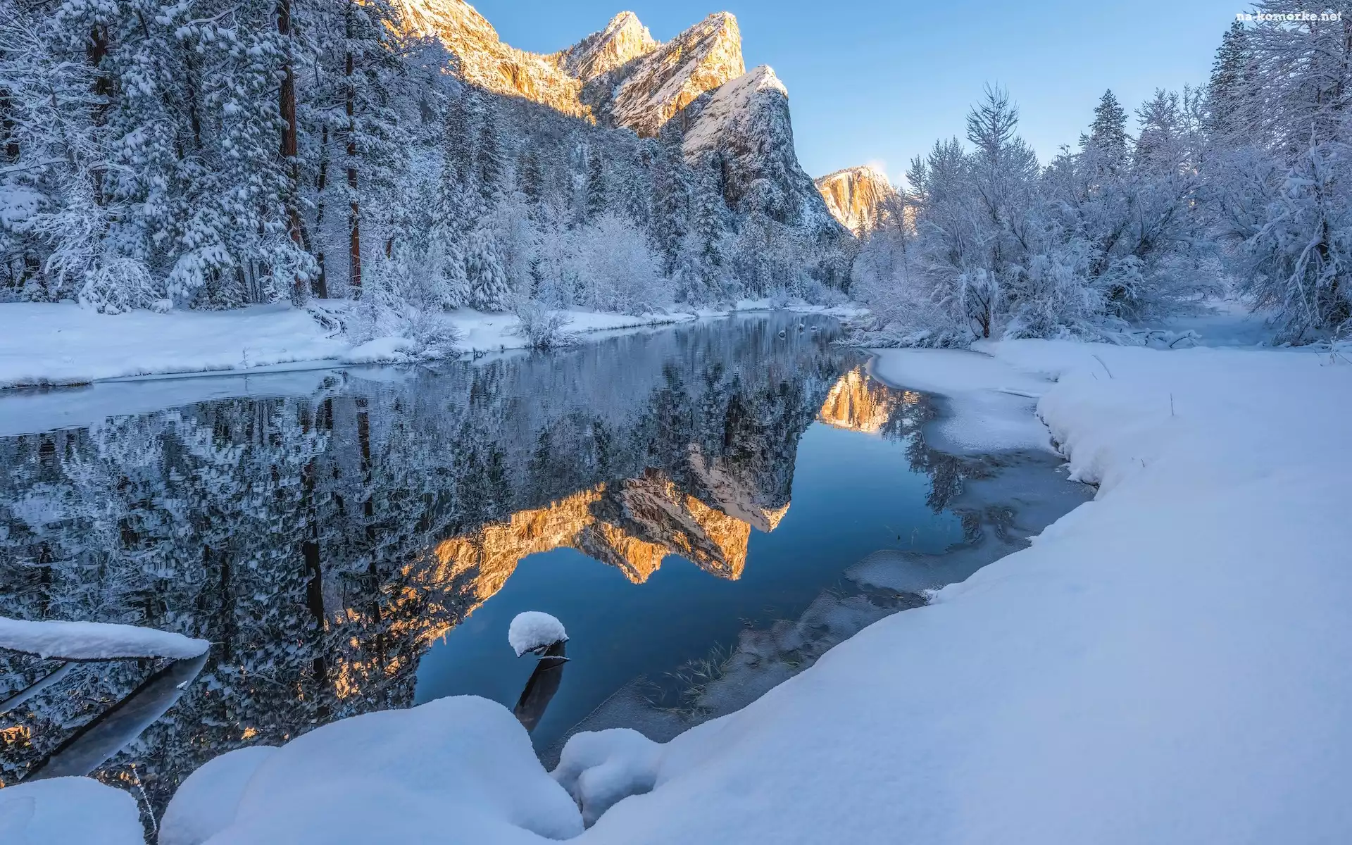 Park Narodowy Yosemite, Zima, Rzeka, Stany Zjednoczone, Merced River, Drzewa, Góry, Kalifornia