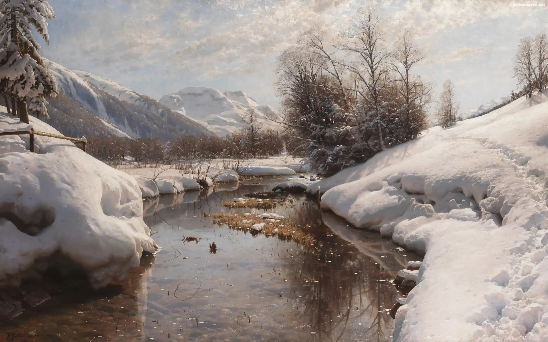 Malarstwo, Góry, Zima, Obraz, Peder Mork Monsted, Rzeka, Drzewa