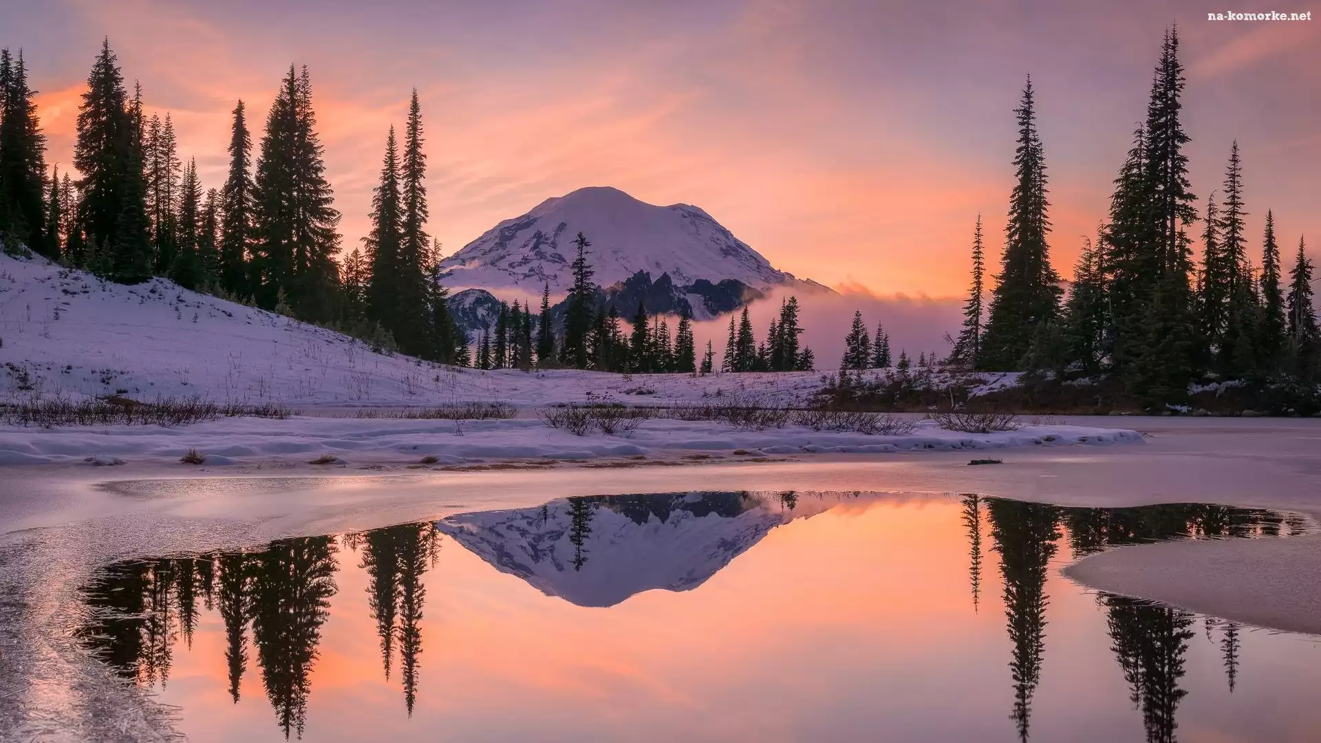 Zima, Drzewa, Tipsoo Lake, Góry, Stany Zjednoczone, Wschód słońca, Stratowulkan Mount Rainier, Jezioro, Stan Waszyngton, Odbicie, Park Narodowy Mount Rainier
