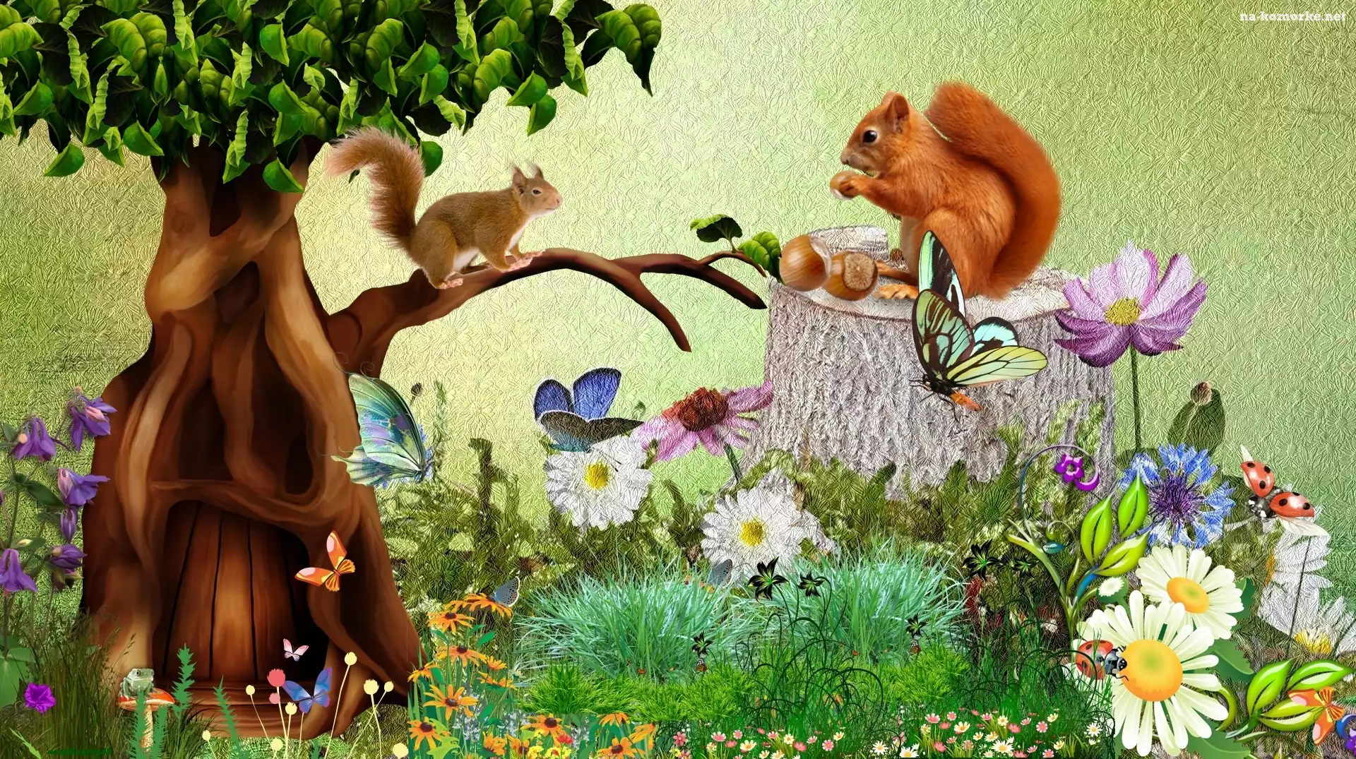 Drzewo, Grafika, 2D, Kwiaty, Wiewiórki