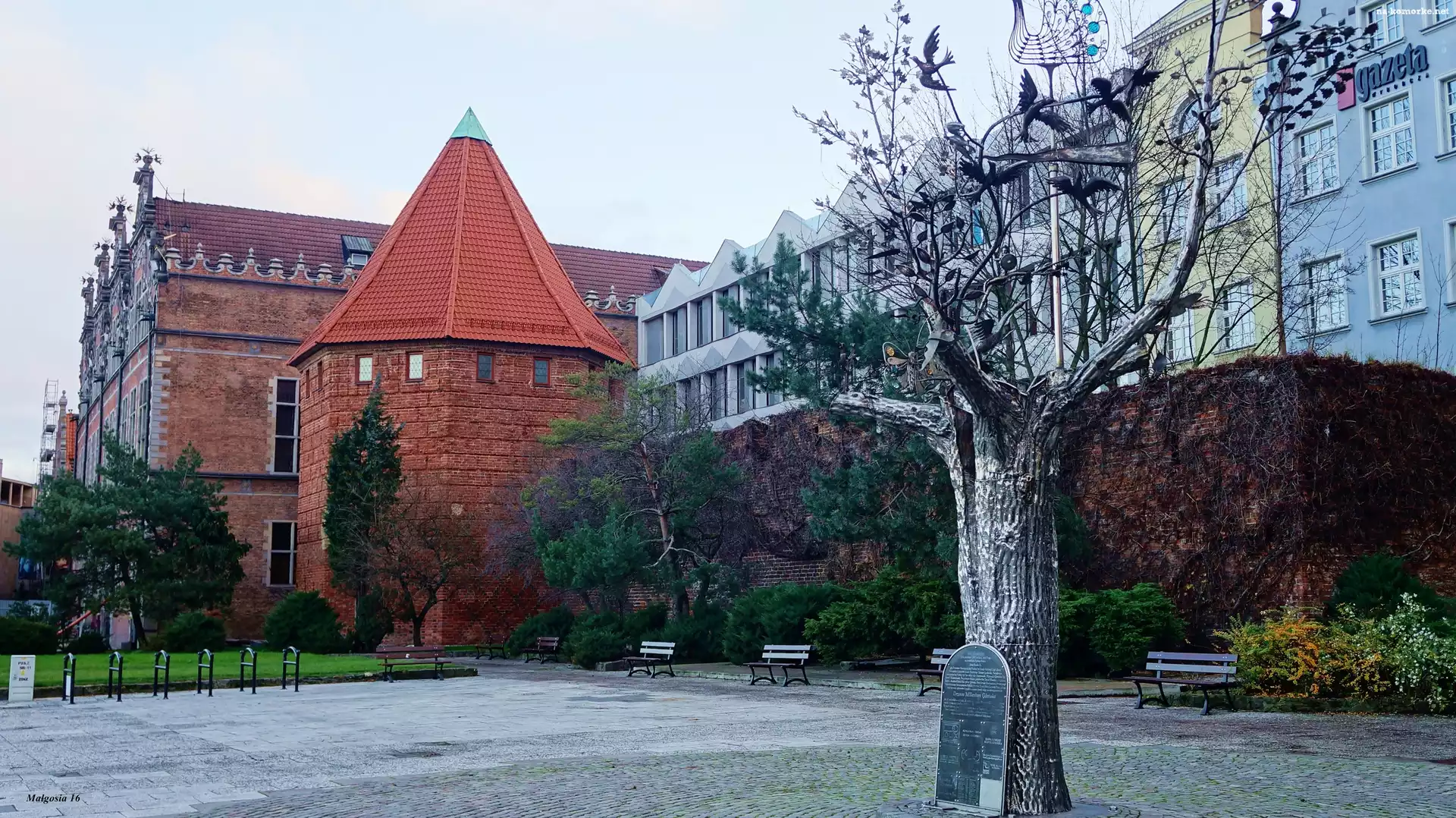 Miasto, Drzewo, Ławki, Gdańsk, Budynki, Plac, Rzeźba