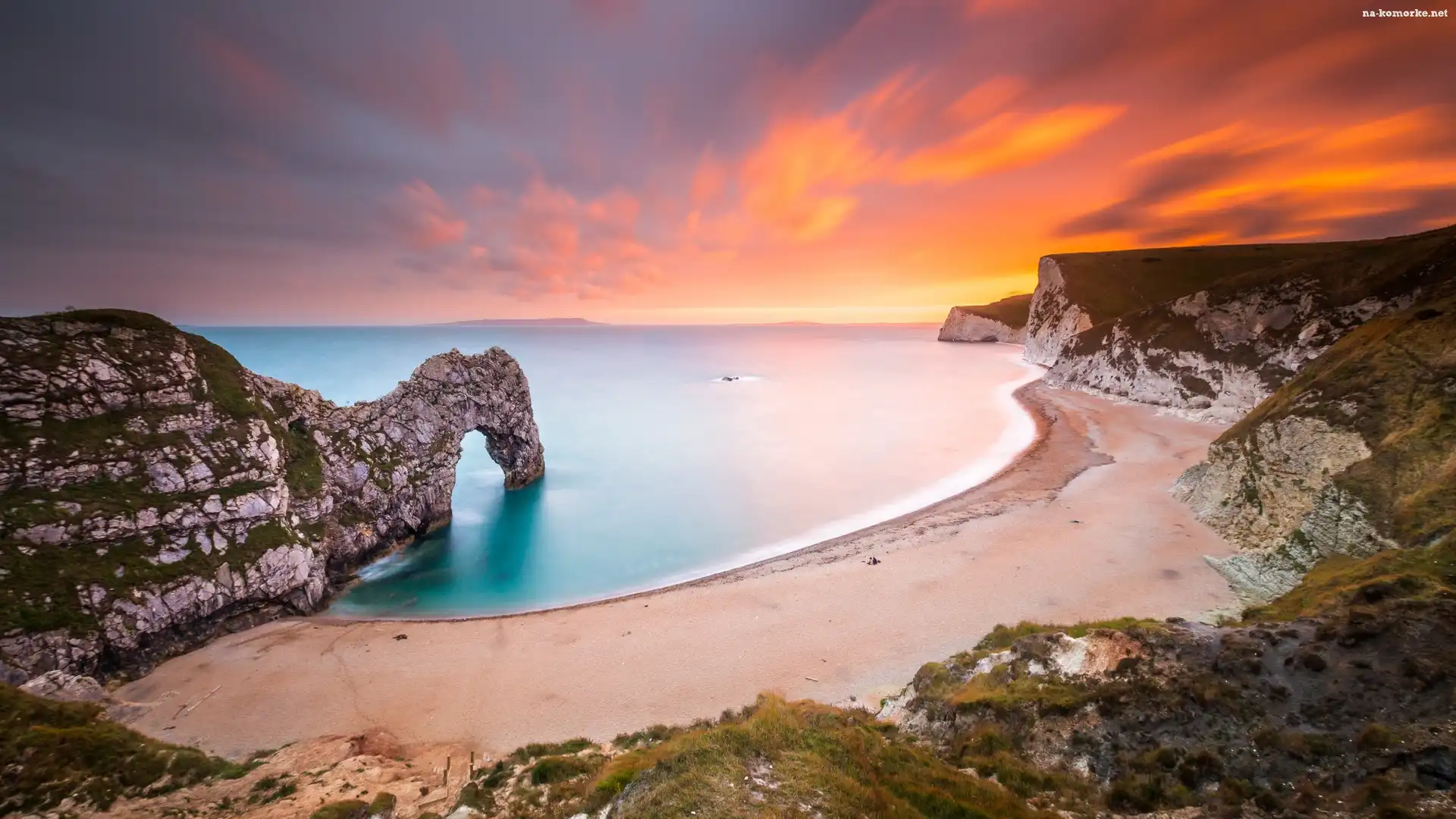 Anglia, Łuk wapienny, Wybrzeże Jurajskie, Durdle Door, Morze, Zachód słońca, Skały, Plaża