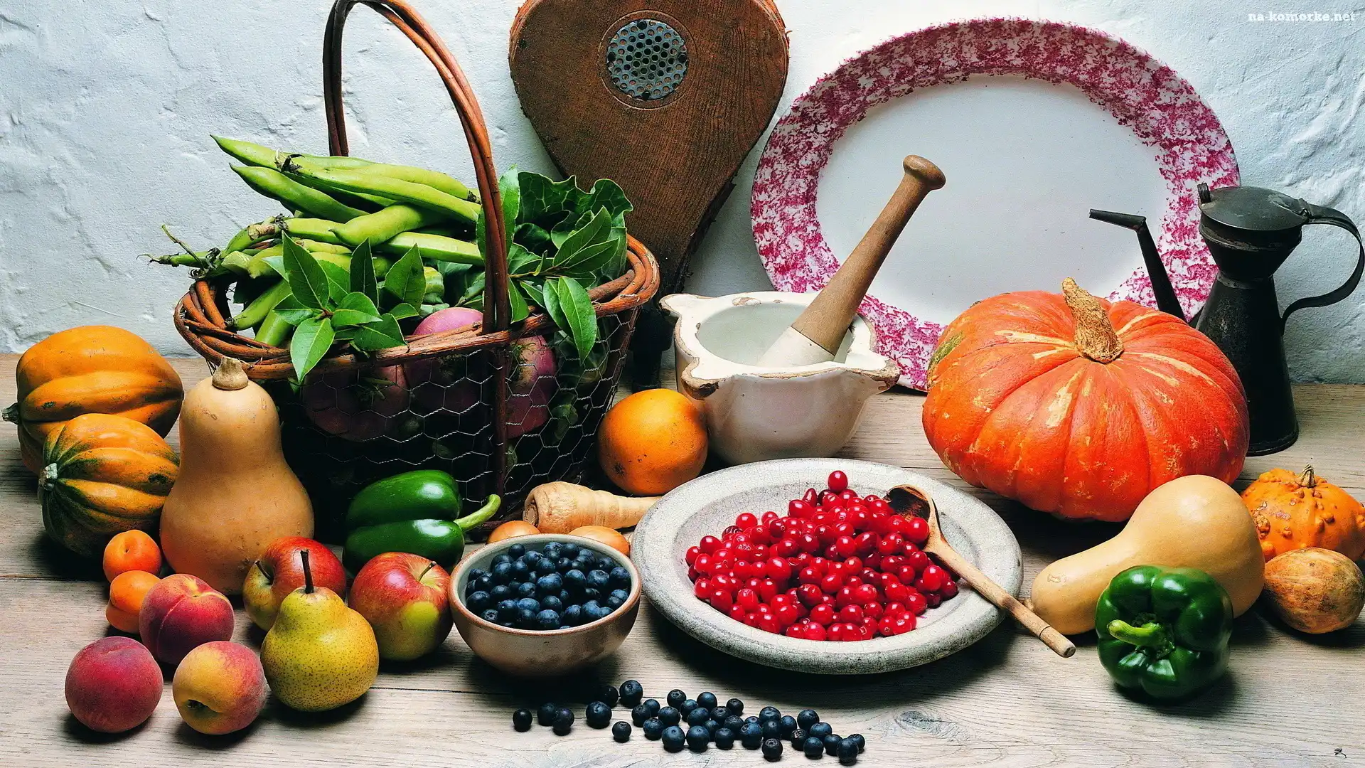 Kompozycja, Warzywa, Jabłka, Śliwka, Moździerz, Owoce, Borówki, Papryka, Dynia