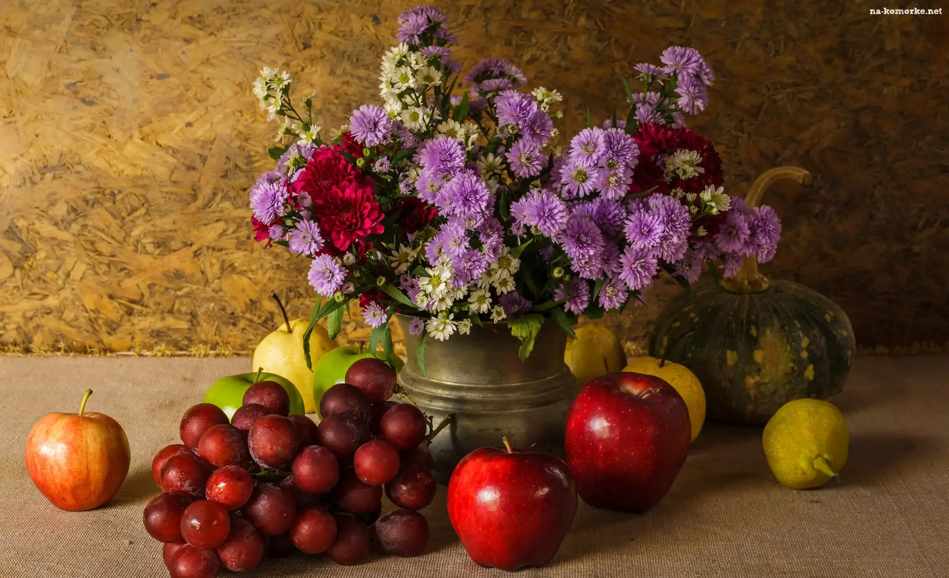 Kompozycja, Kwiaty, Dynia, Bukiet, Winogrona, Gruszki, Wazon, Astry marcinki, Owoce, Jabłka