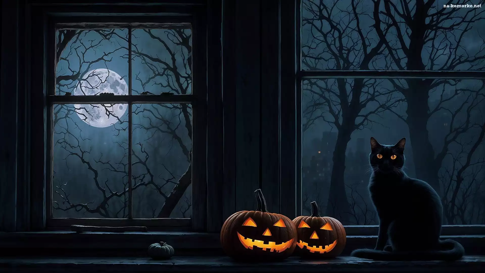 Halloween, Dynie, Księżyc, Kot, Okno
