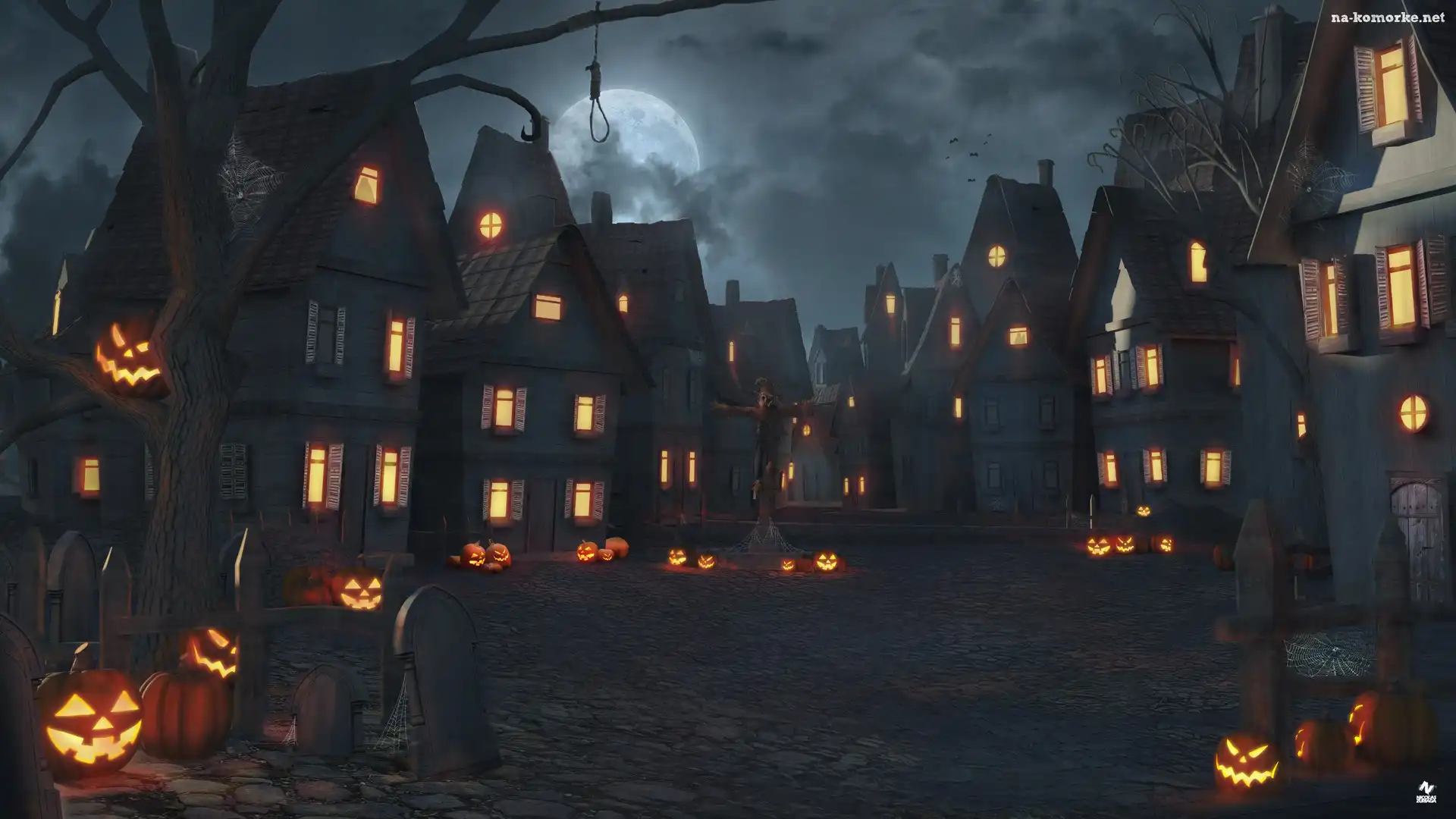 Światła, Halloween, Księżyc, Ulica, Grafika, Domy, Drzewo, Noc, Dynie